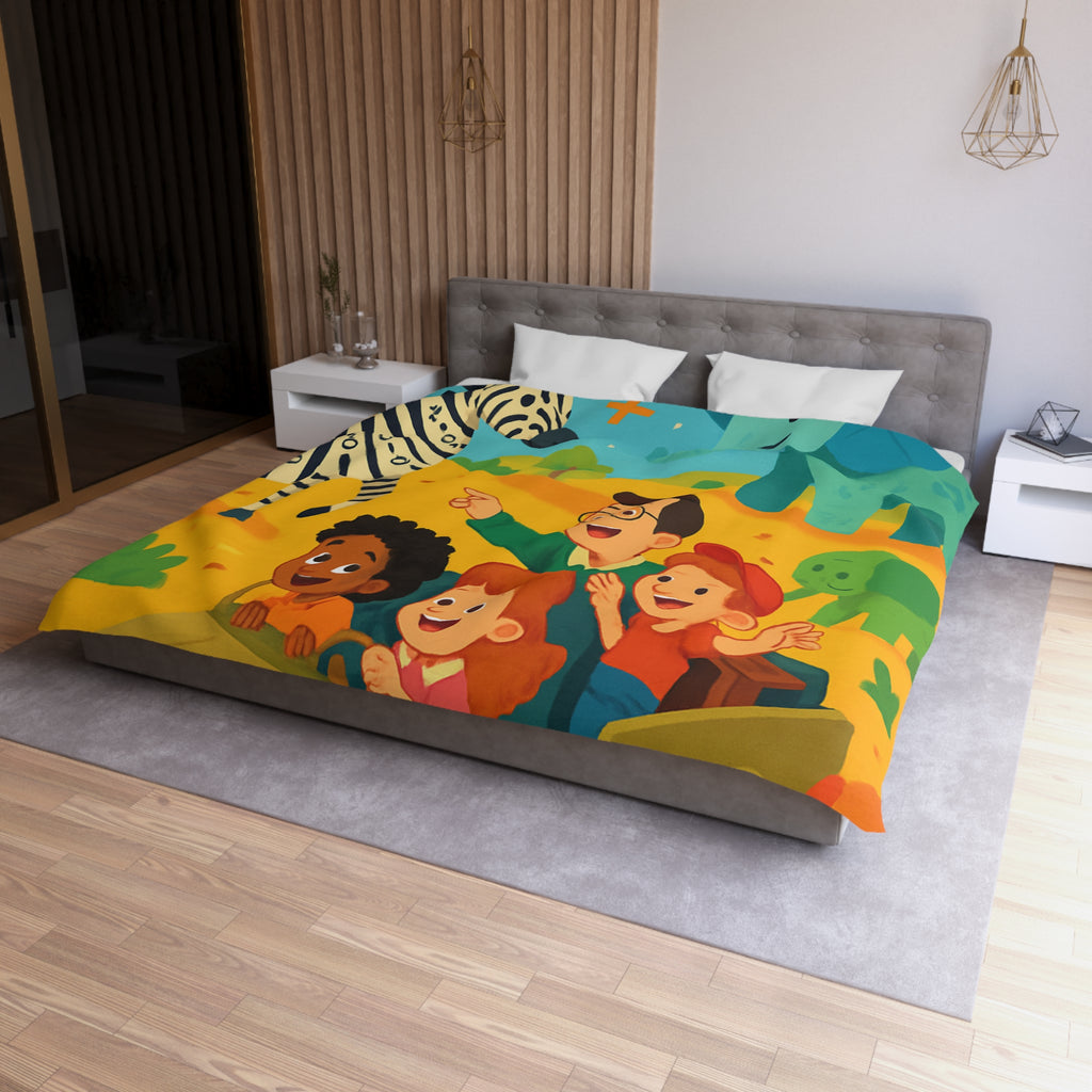 Housse de Couette Safari Éducatif avec Animaux Colorés et Enfants en Aventure