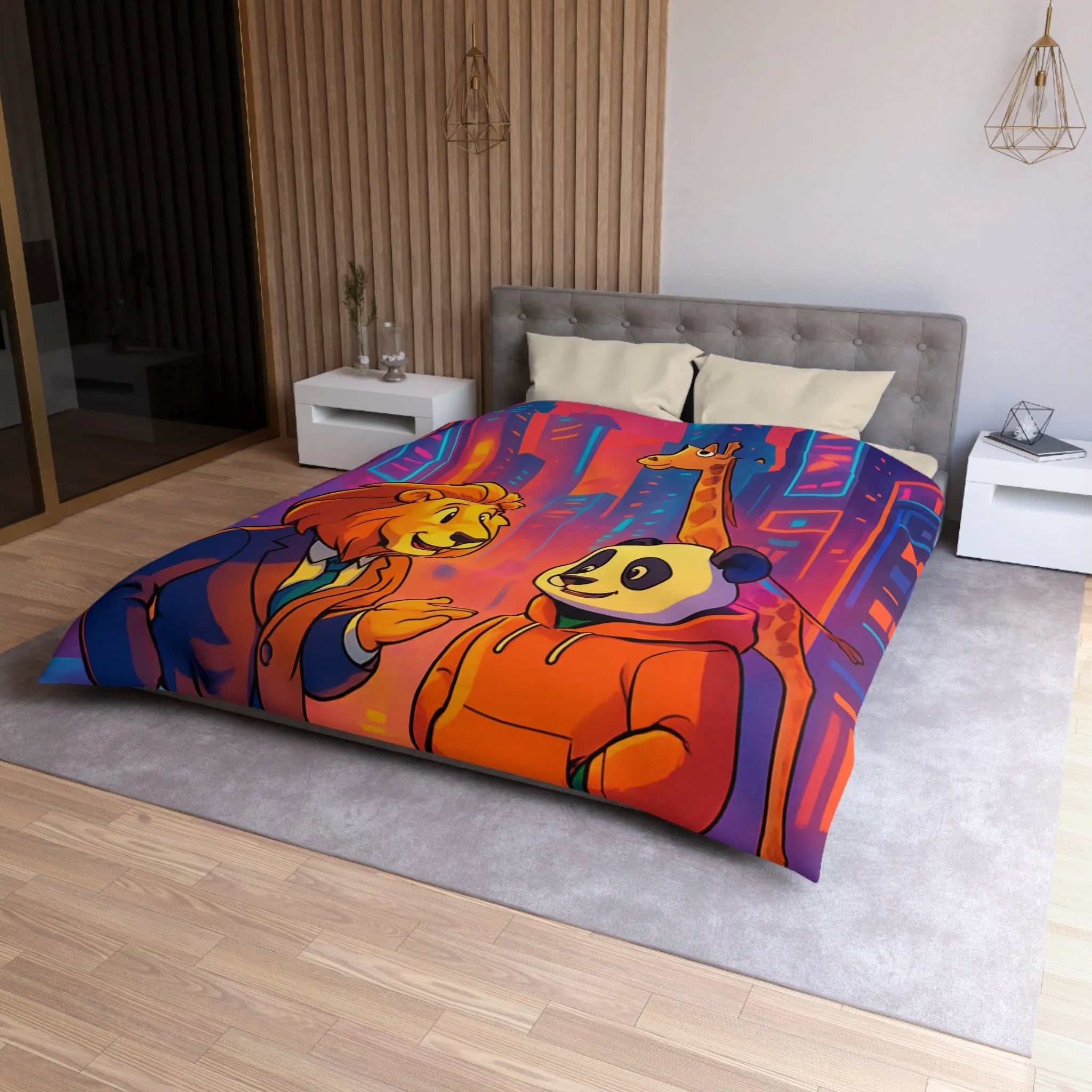 Housse de couette colorée avec lion et panda en costume urbain de ville futuriste
