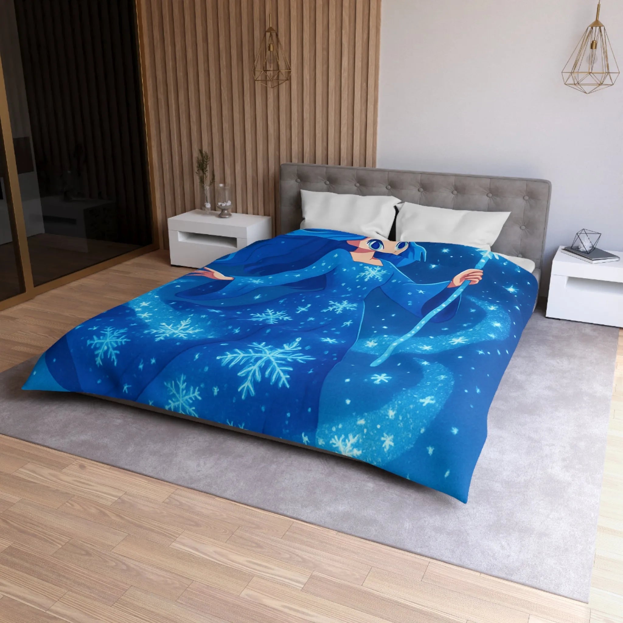 Housse de couette enfantine bleue avec fée magique dans ciel étoilé hivernal