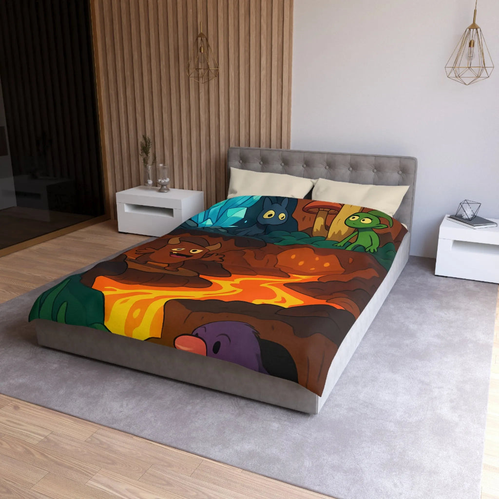 Housse de Couette Enfant Paradis Souterrain Magique avec Créatures Mystiques et Cristaux Lumineux