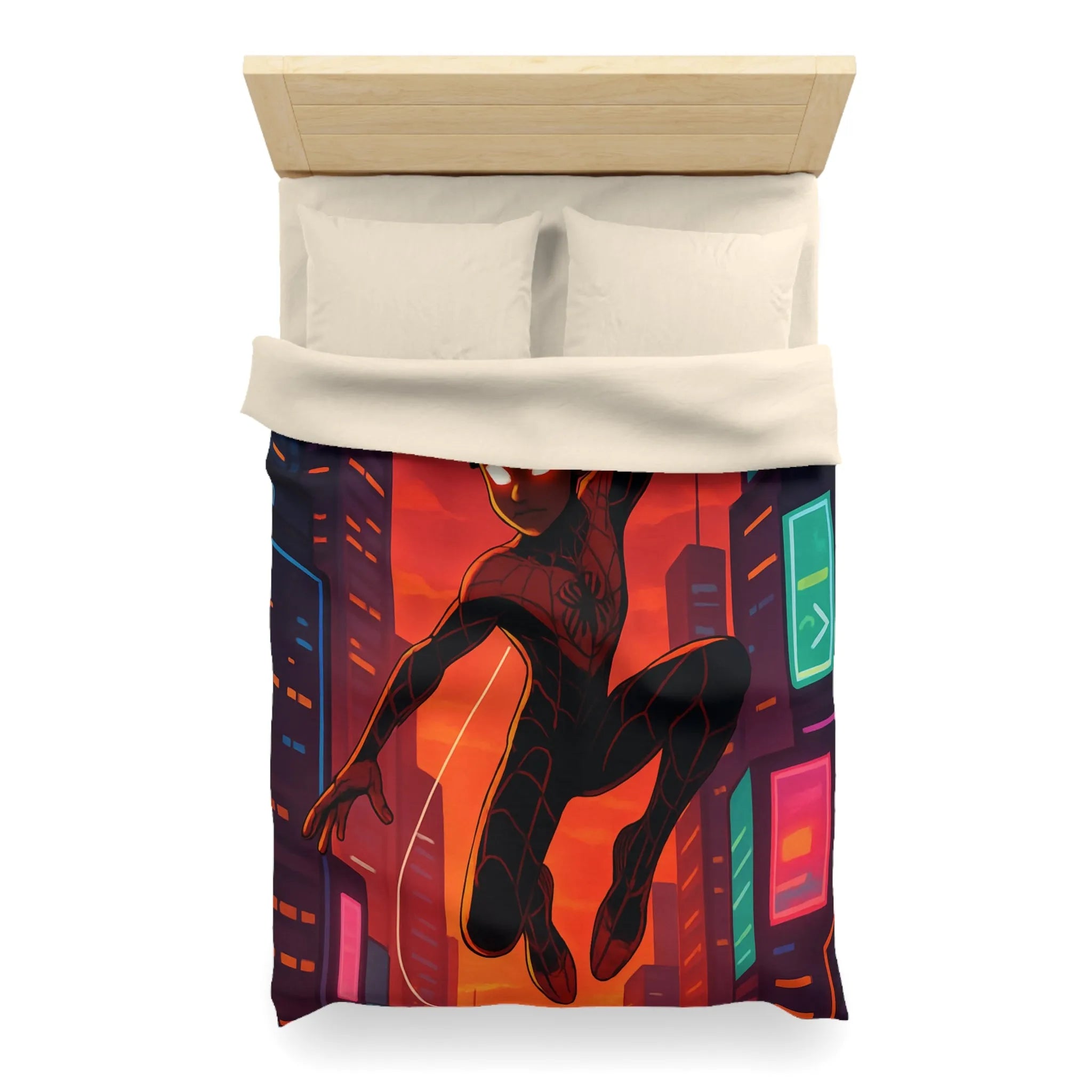 Housse de couette avec super-héros suspendu devant un coucher de soleil urbain vibrant