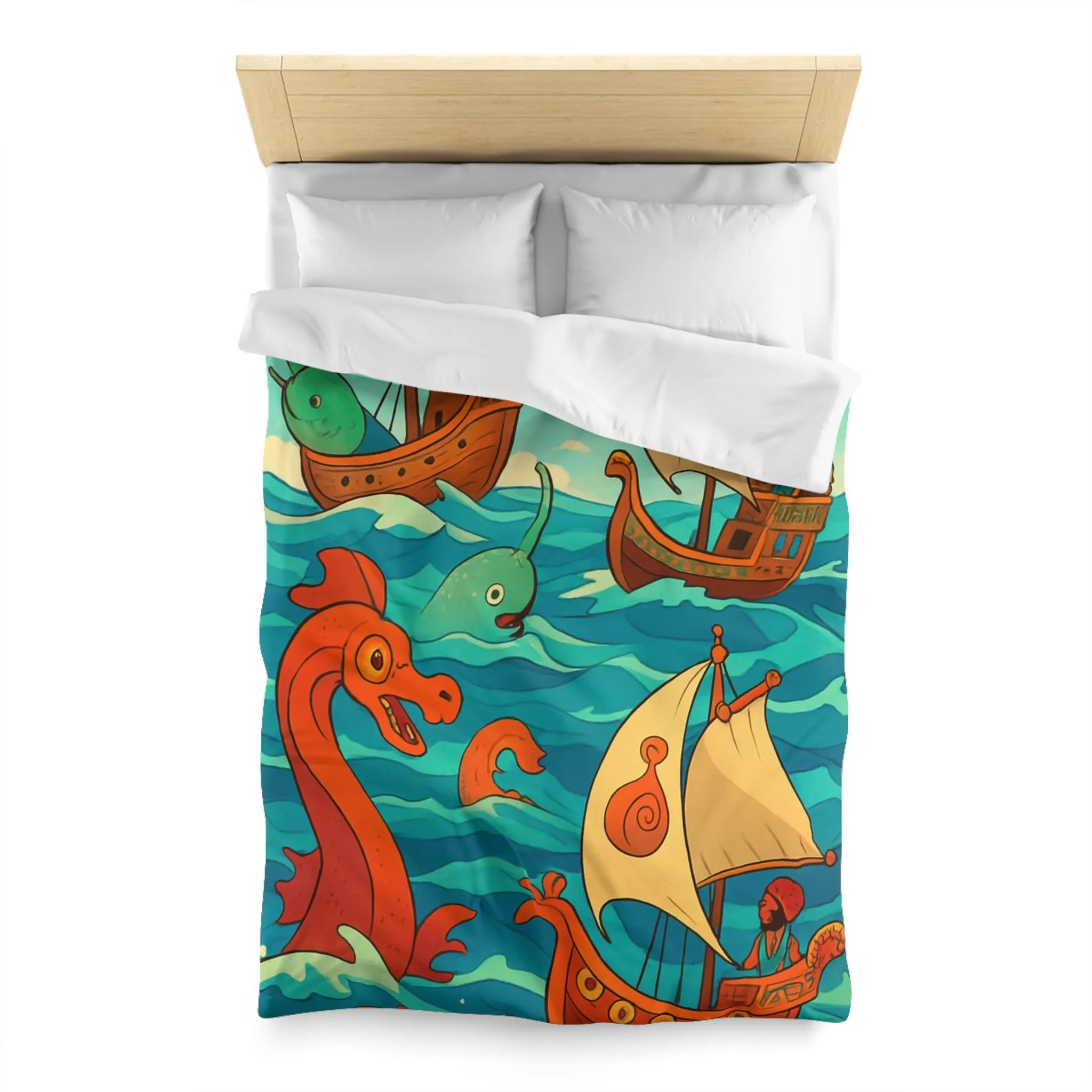 Housse de Couette Colorée avec Bateaux et Créatures Maritimes dans Stil Nautique Fantasy
