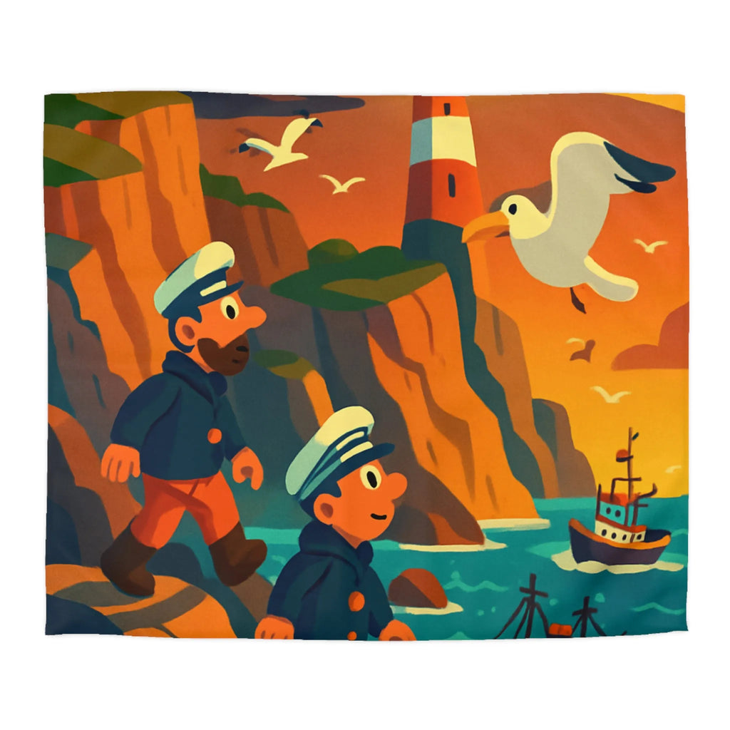 Housse de couette maritime colorée avec phares et marins au coucher du soleil