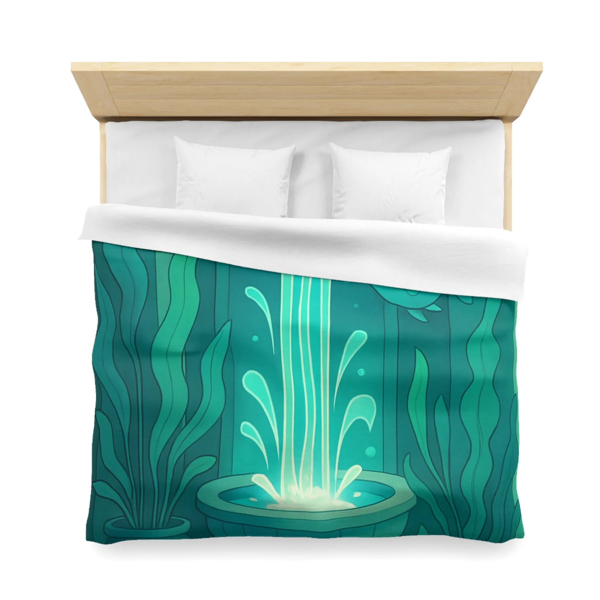 Housse de Couette Art Nouveau Illustrée Fontaine Poissons Teintes Bleues Calmes Décoration Intérieure