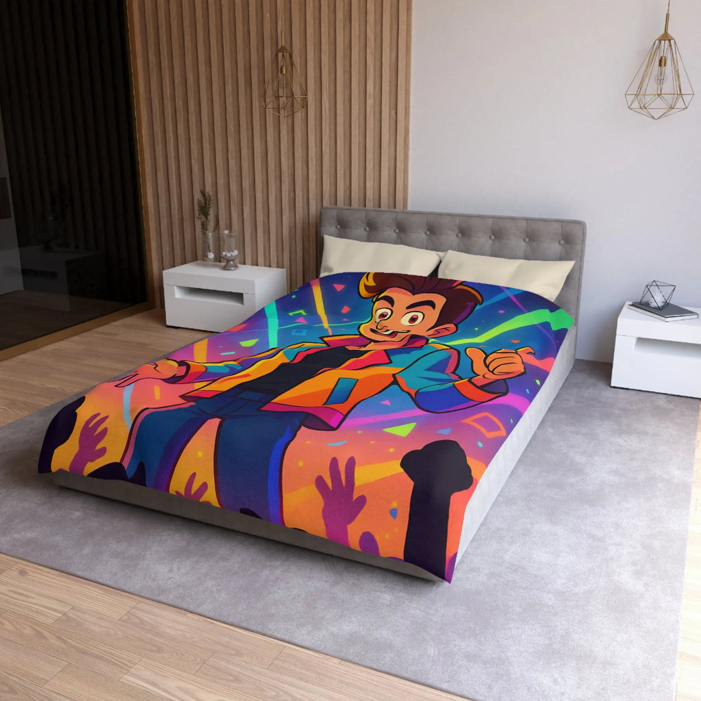 Housse de couette colorée avec personnage animé, haute énergie, motifs géométriques vibrants