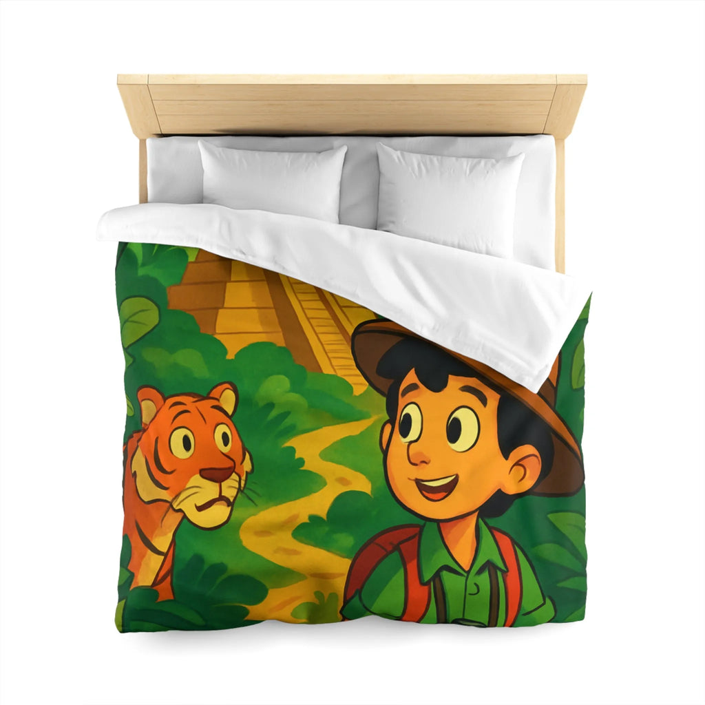 Housse de couette aventure jungle pour enfants avec château et animaux exotiques colorés