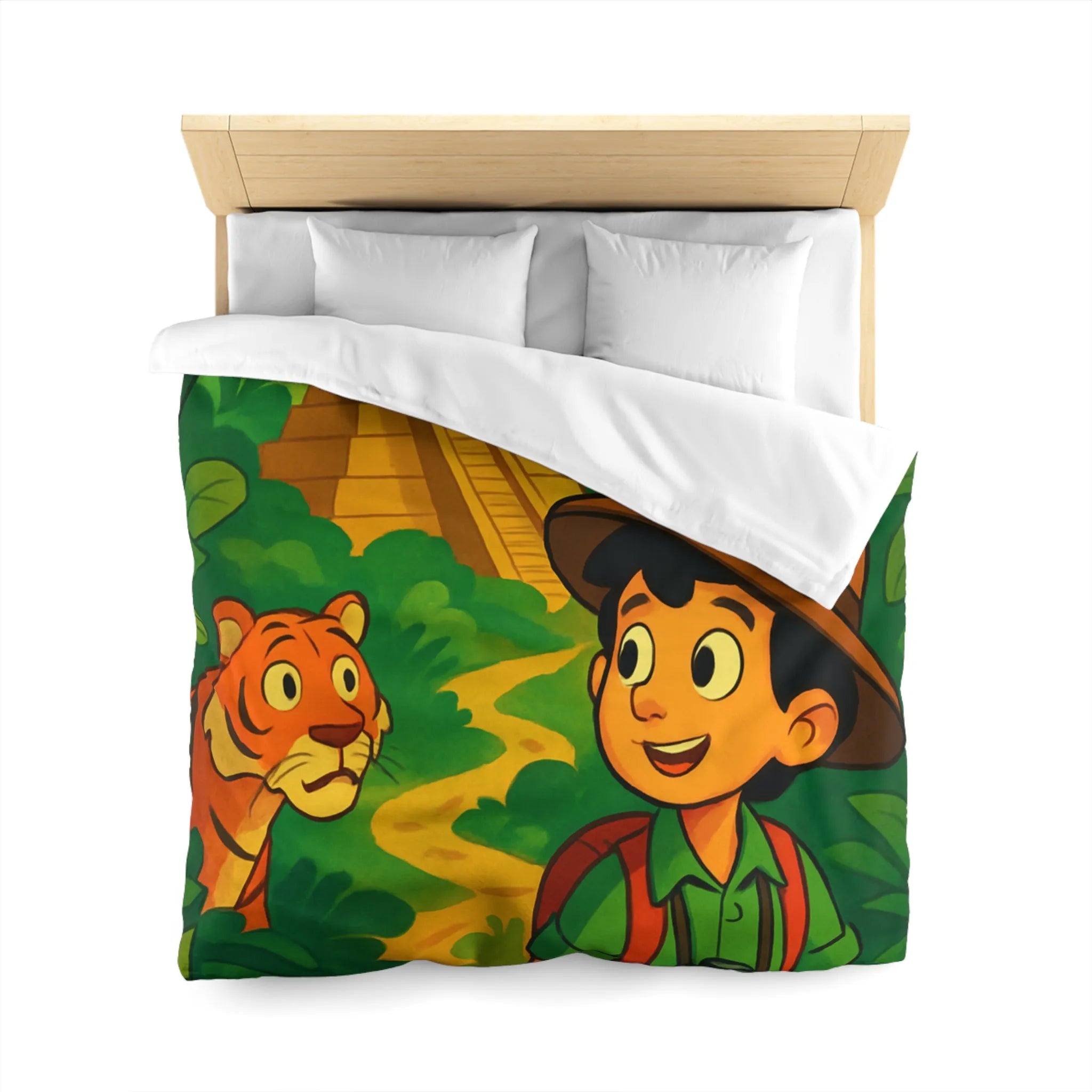 Housse de couette aventure jungle pour enfants avec château et animaux exotiques colorés
