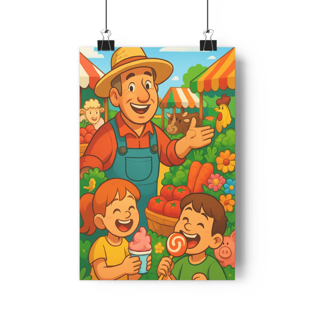 Poster décoratif cartoon joyeux enfant chambre couleurs vives ferme nature illustration animaux fermier stand