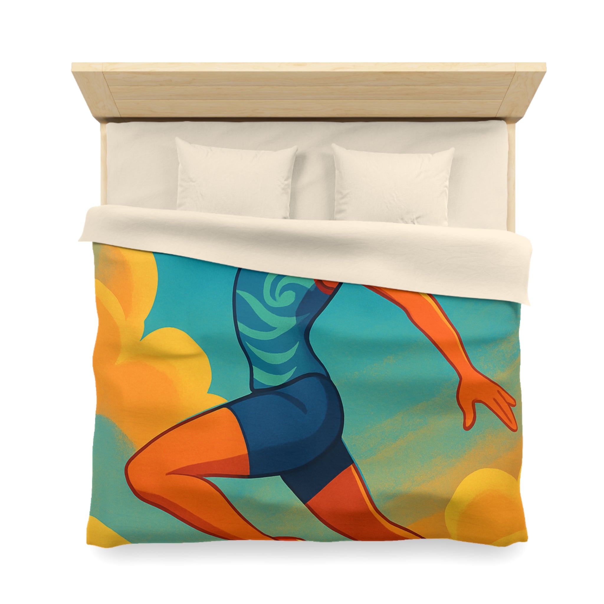 Housse de couette sportive colorée, femme jouant freesbee sous ciel bleu dynamique ultime