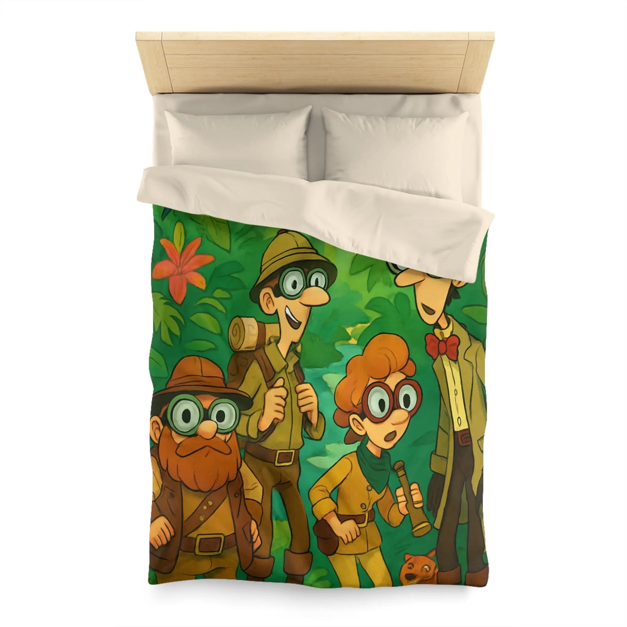 Housse de couette jungle colorée avec explorateurs, perroquet et singe aventureux
