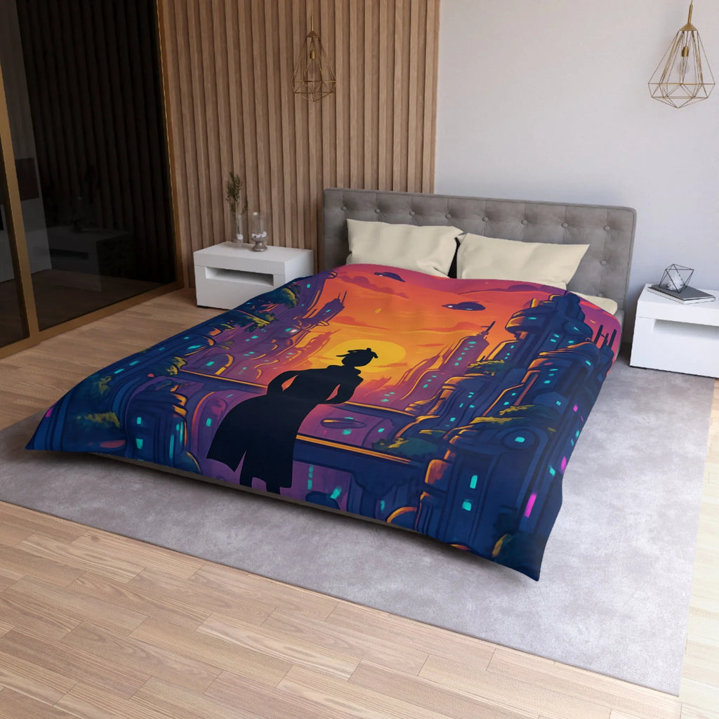 Housse de Couette Futuriste avec Paysage Urbain et Ciel Étoilé Orange et Bleu