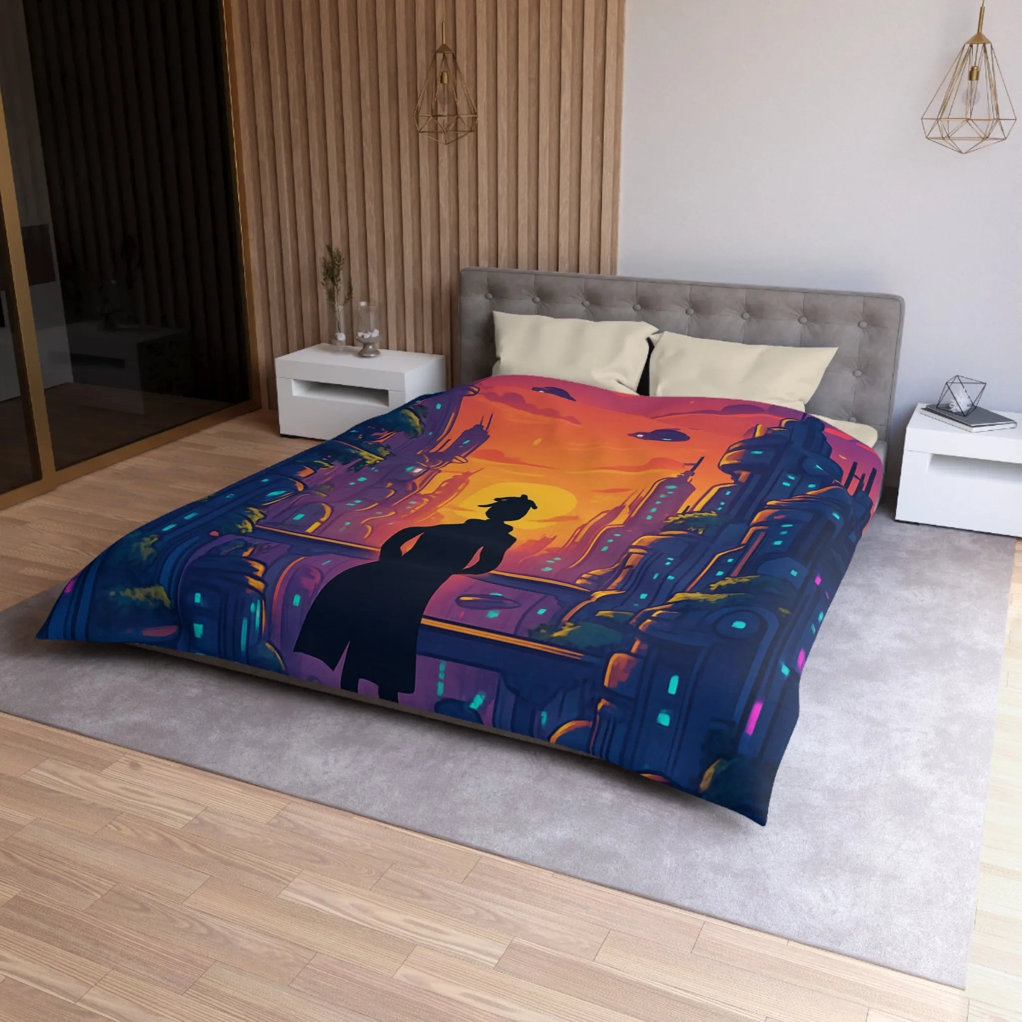 Housse de Couette Futuriste avec Paysage Urbain et Ciel Étoilé Orange et Bleu