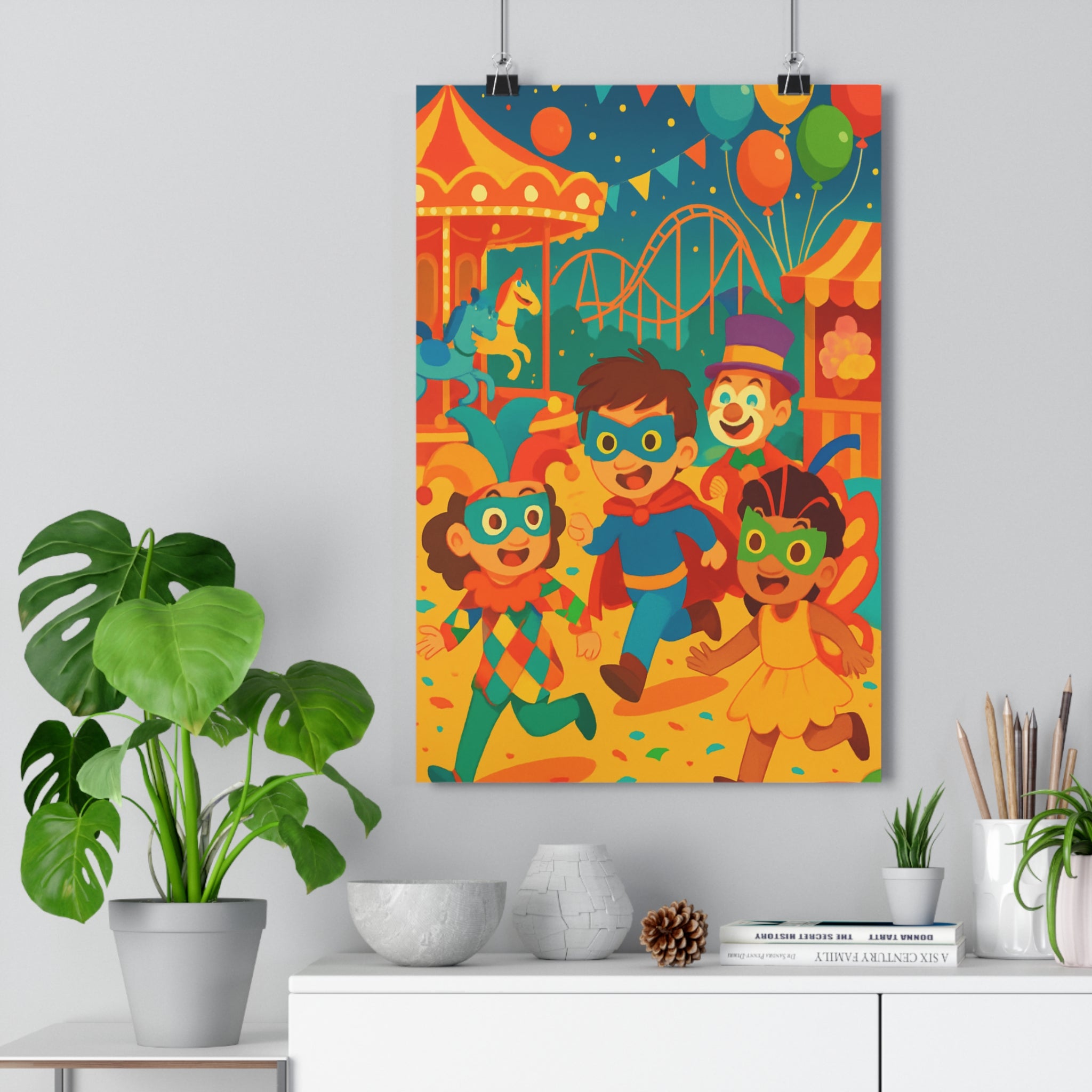 Poster décoratif coloré enfant joyeux vibrant rouge bleu jaune aventure chambre amusant festif créatif