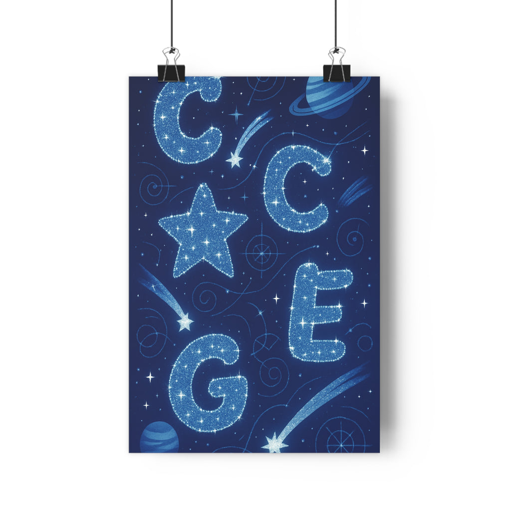 Poster décoratif magique astrologique bleu blanc nuit mystique enfant chambre détente étoiles lettres planètes