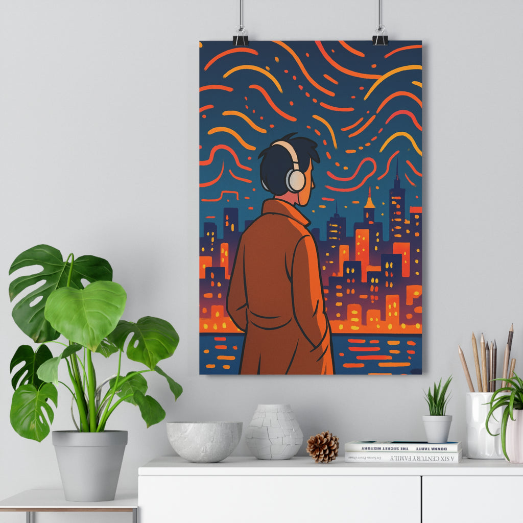 Poster décoratif moderne urbain rouge orange animé ville silhouette chambre salon contemporain design dynamique