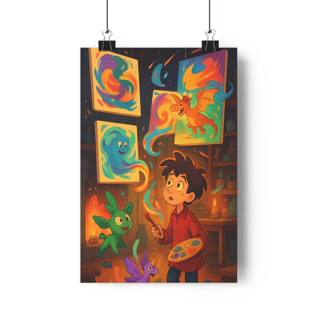 Poster décoratif enchanté fantastique coloré joyeux enfant créatures artistiques magique dragon bleu orange chambre