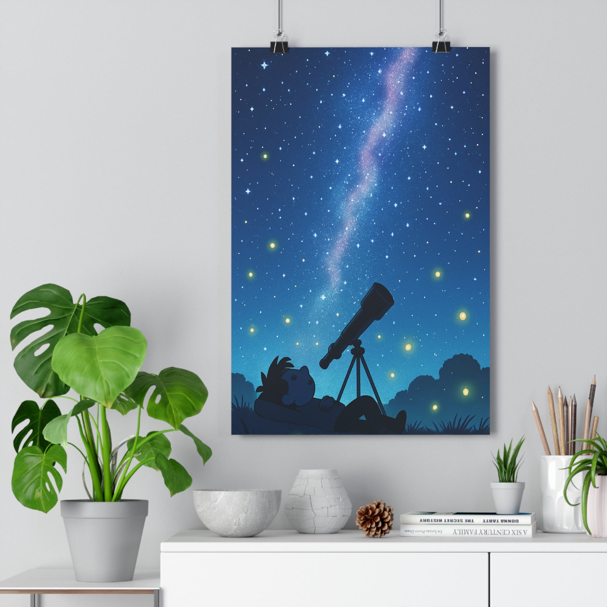Poster décoratif anime bleu jaune céleste étoilé paisible chambre salon magique contemplatif mural qualité