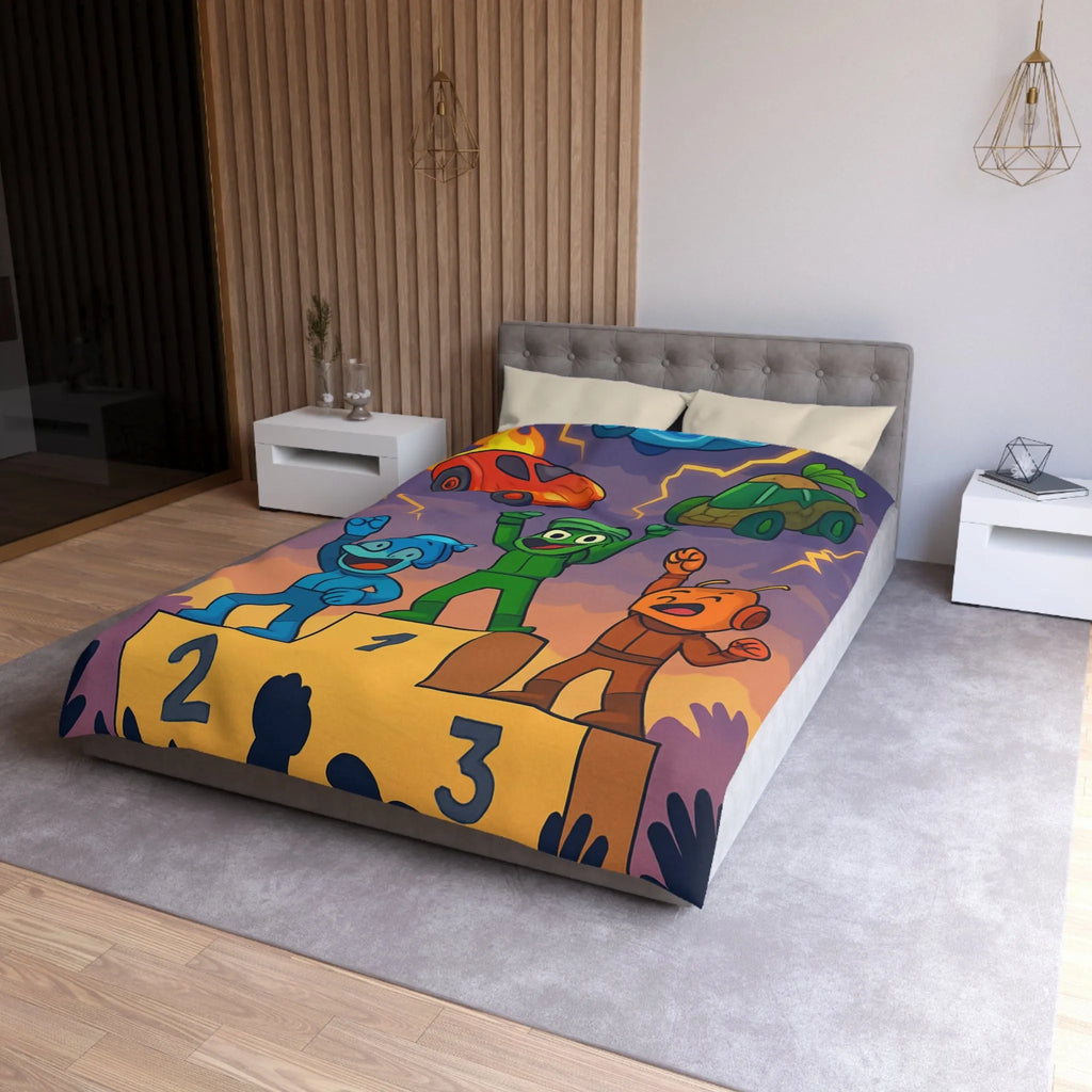 Housse de couette colorée avec podium de victoire et voitures exotiques dessinées