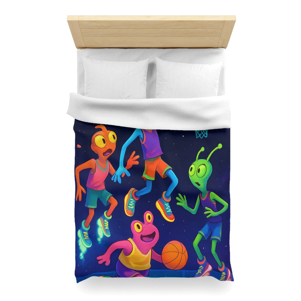 Housse de couette avec extraterrestres jouant au basket, ambiance lumineuse et amusante