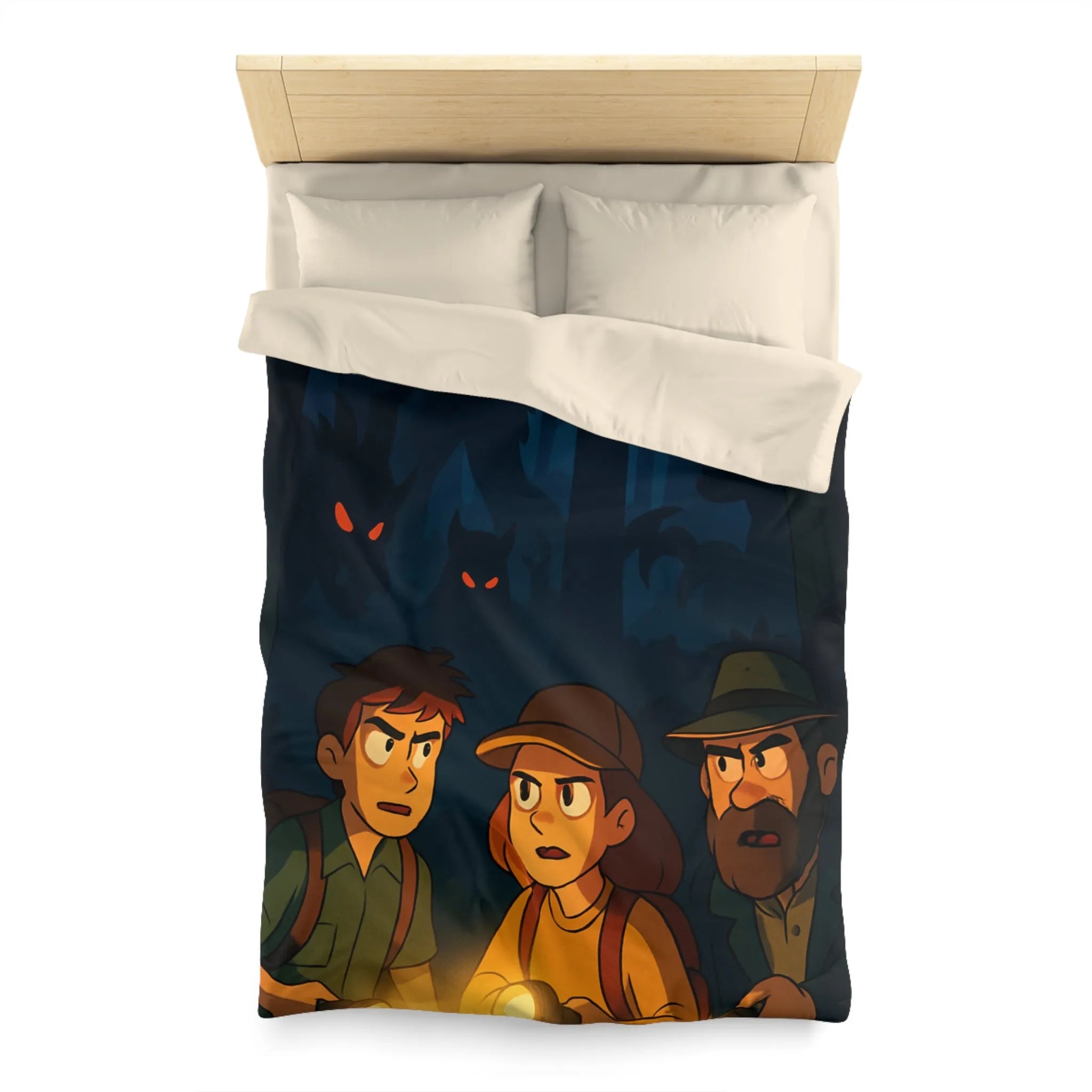Housse de Couette Forêt Enchantée Nocturne avec Aventuriers et Créatures Mystiques Illustrée