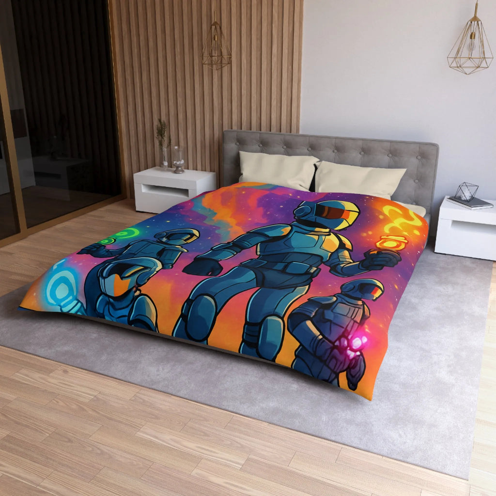 Housse de couette futuriste colorée avec quatre astronautes sous galaxie vibrante et étoilée