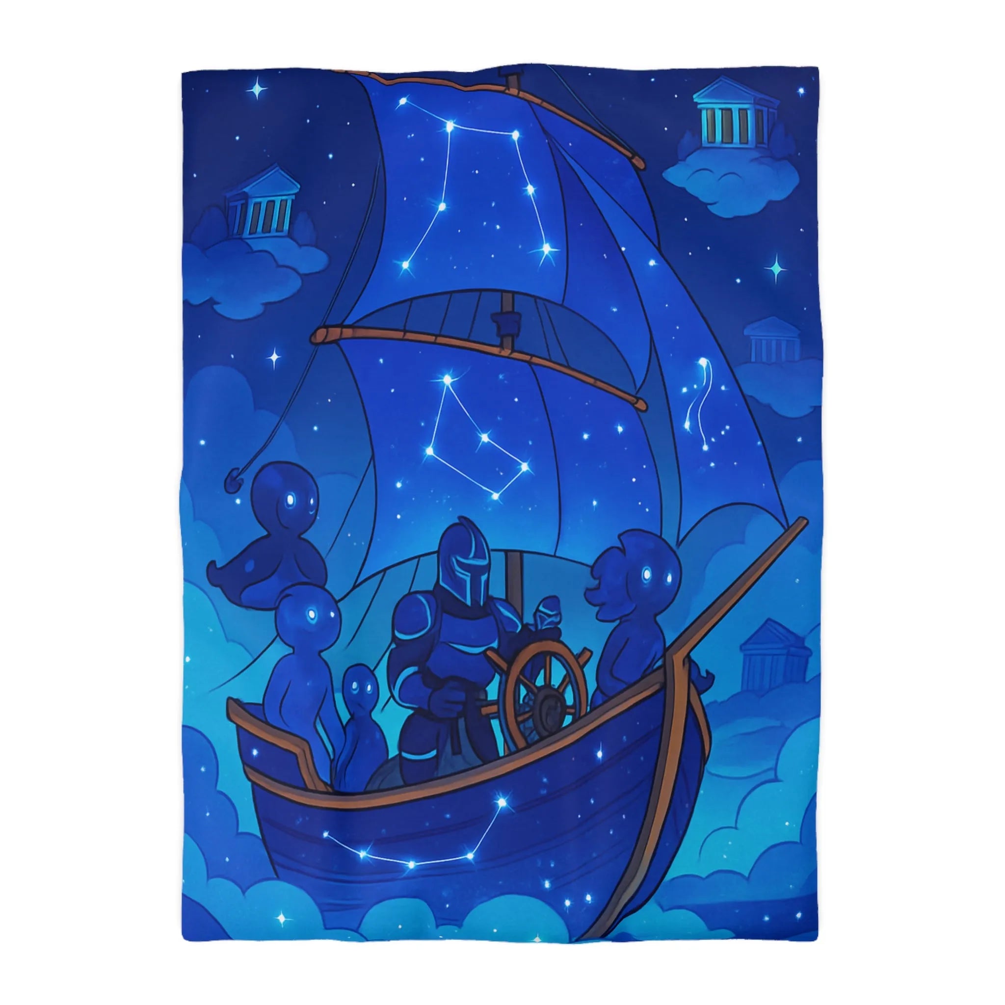 Housse de Couette Inspirée Ciel Étoilé avec Bateau et Constellations Bleu Nuit
