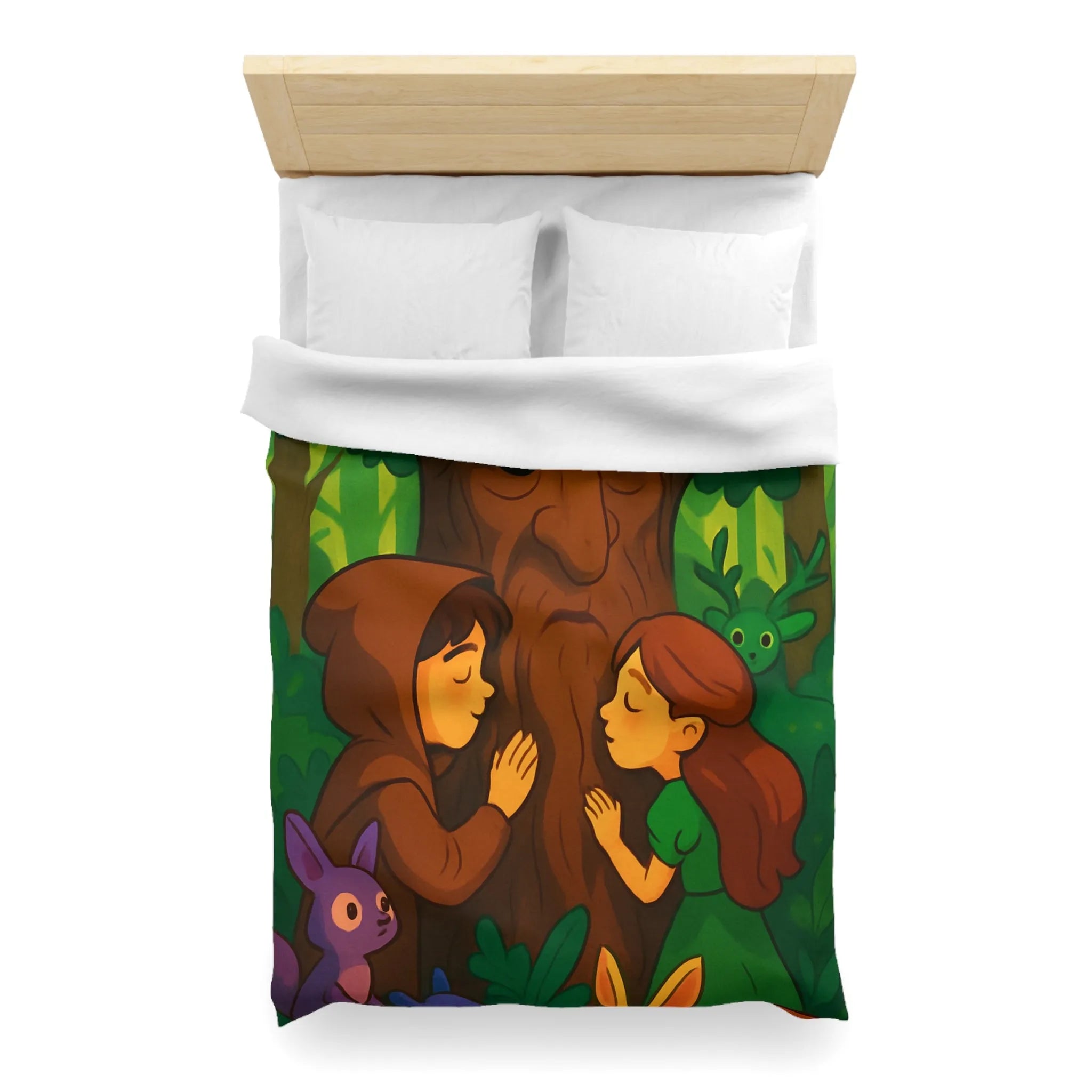 Housse de couette forêt enchantée avec animaux, arbres sages et personnages rêveurs