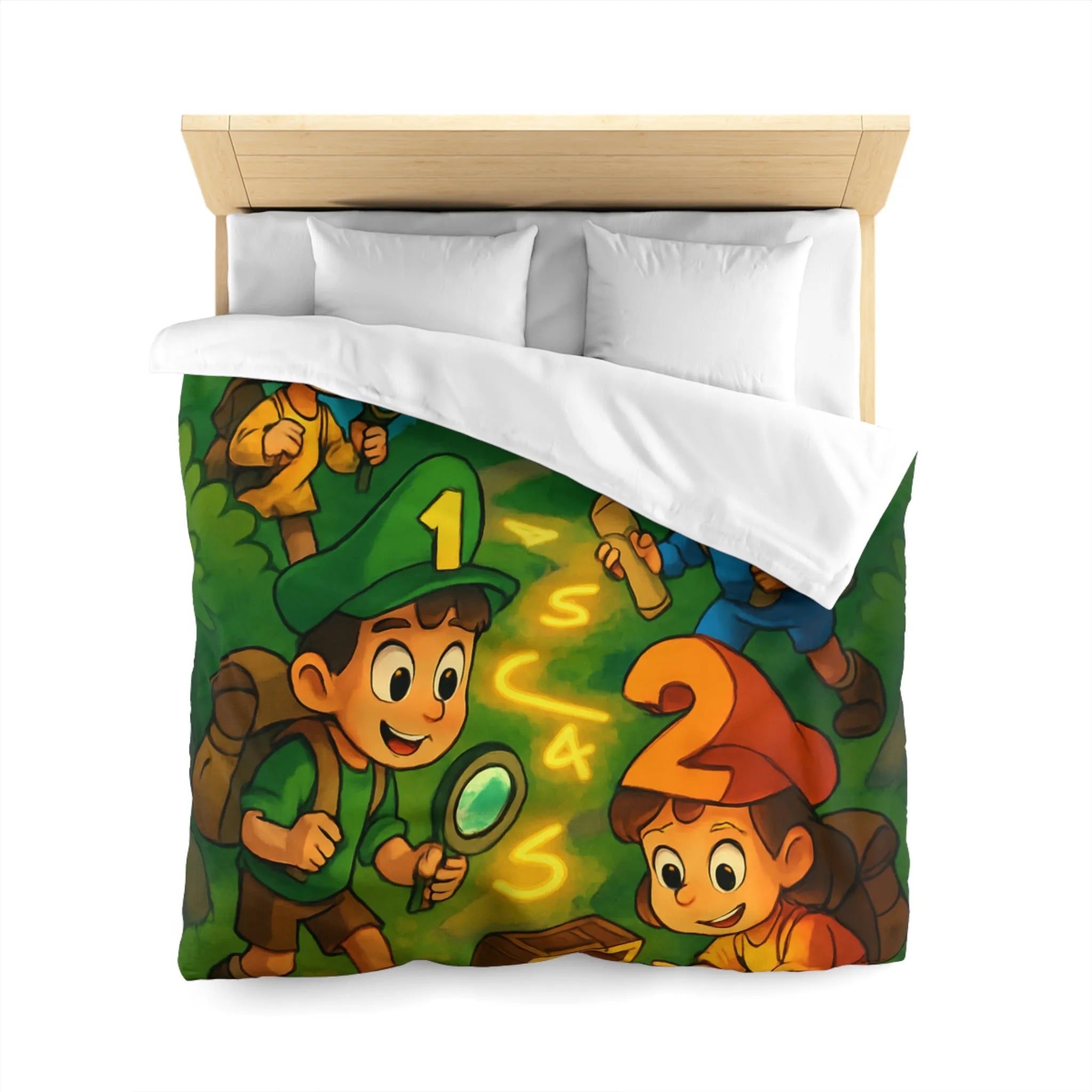 Housse de couette aventure enfants, chasse au trésor avec île et personnages joyeux