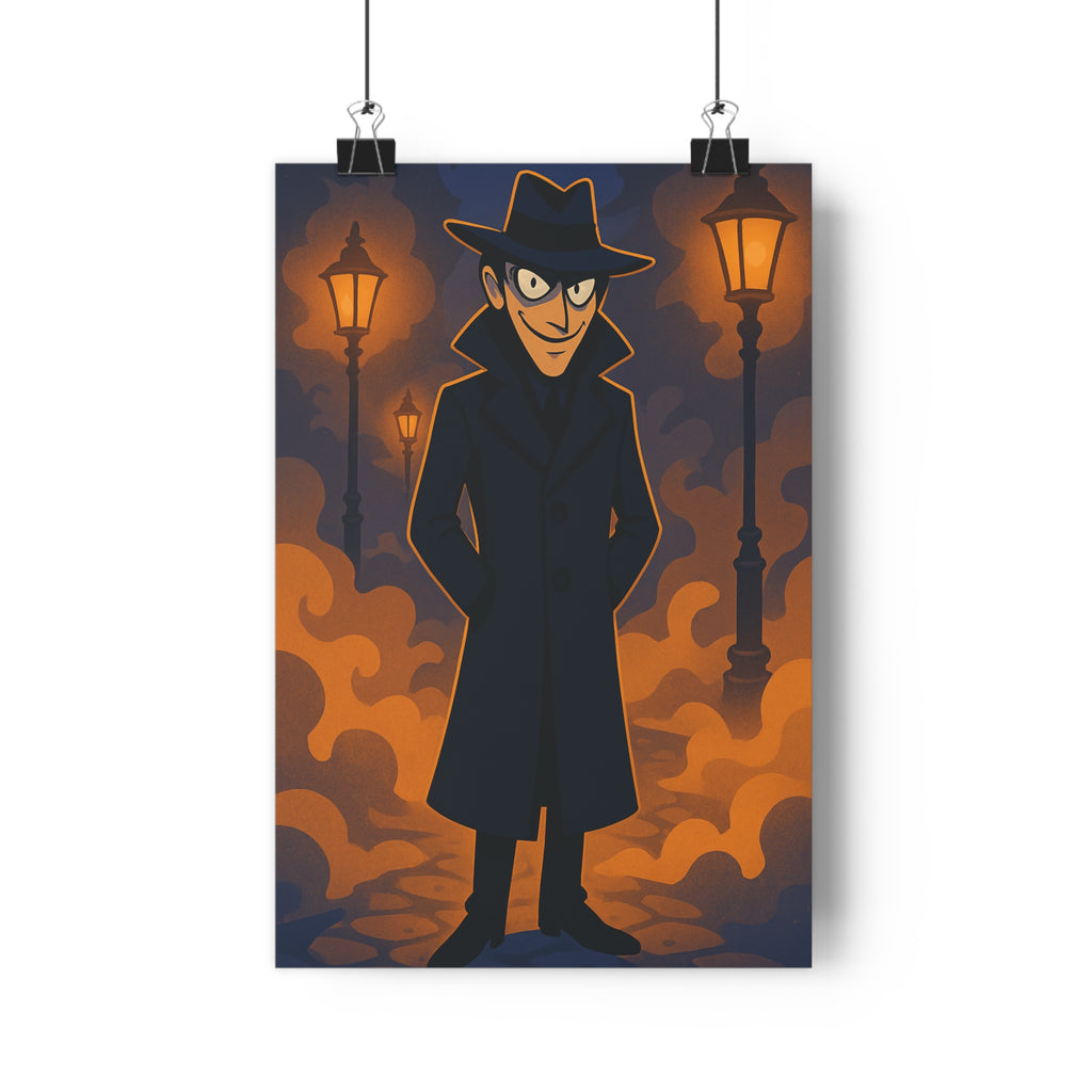 Poster décoratif personnage mystérieux noir orange cartoon victorien salon bureau ambiance dramatique 30x46 cm