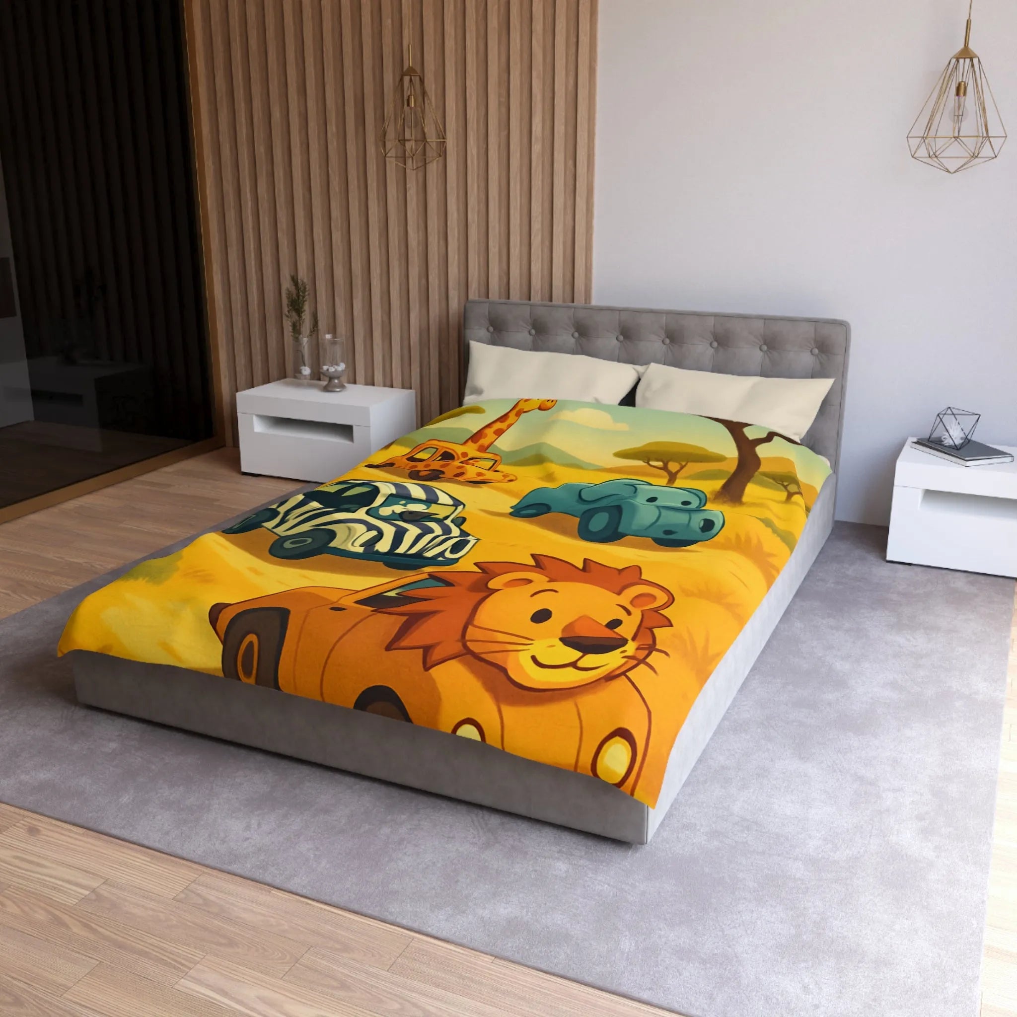 Housse de couette animaux safari mignons pour chambre enfant avec voitures colorées