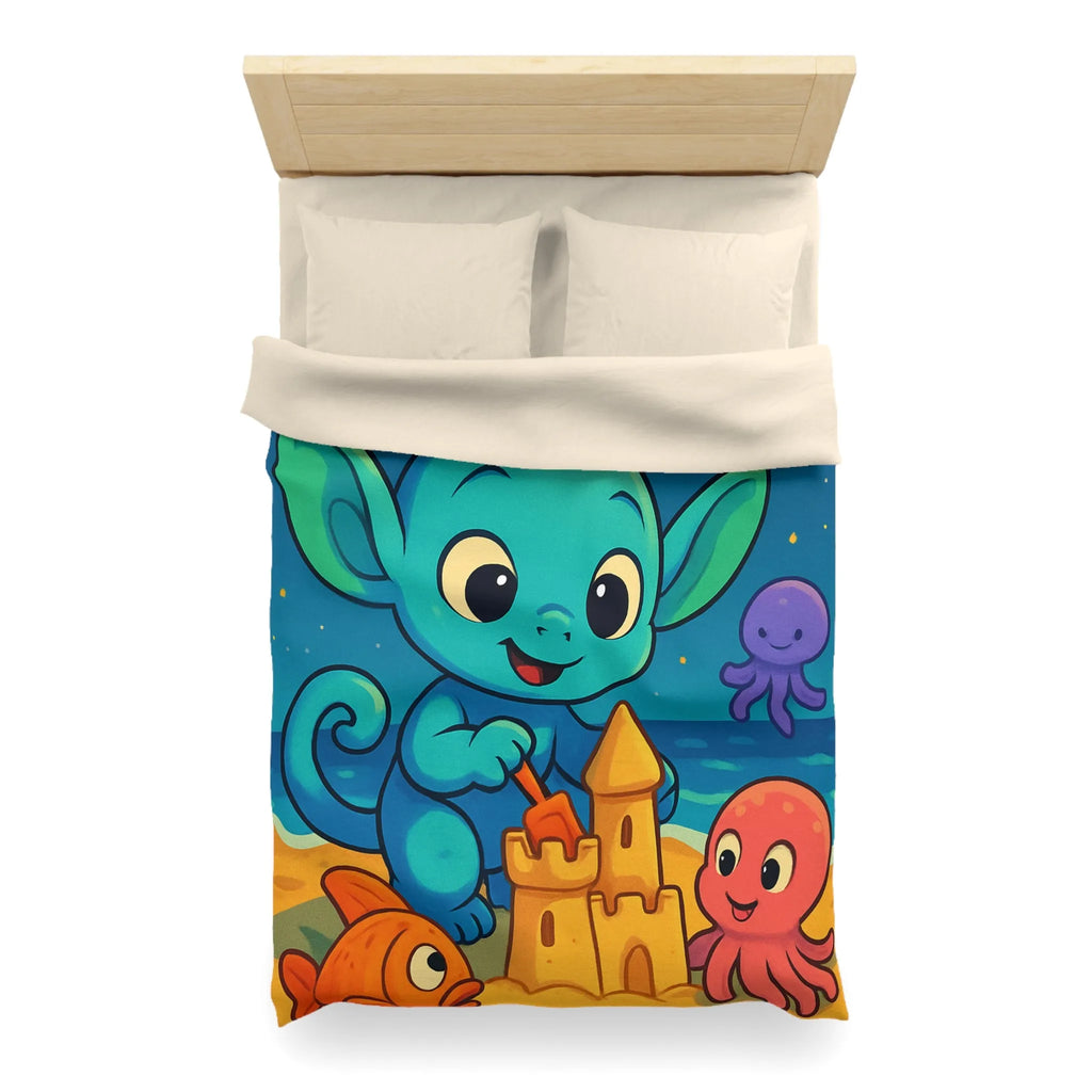 Housse de couette enfant avec créature bleue construisant un château de sable amusant
