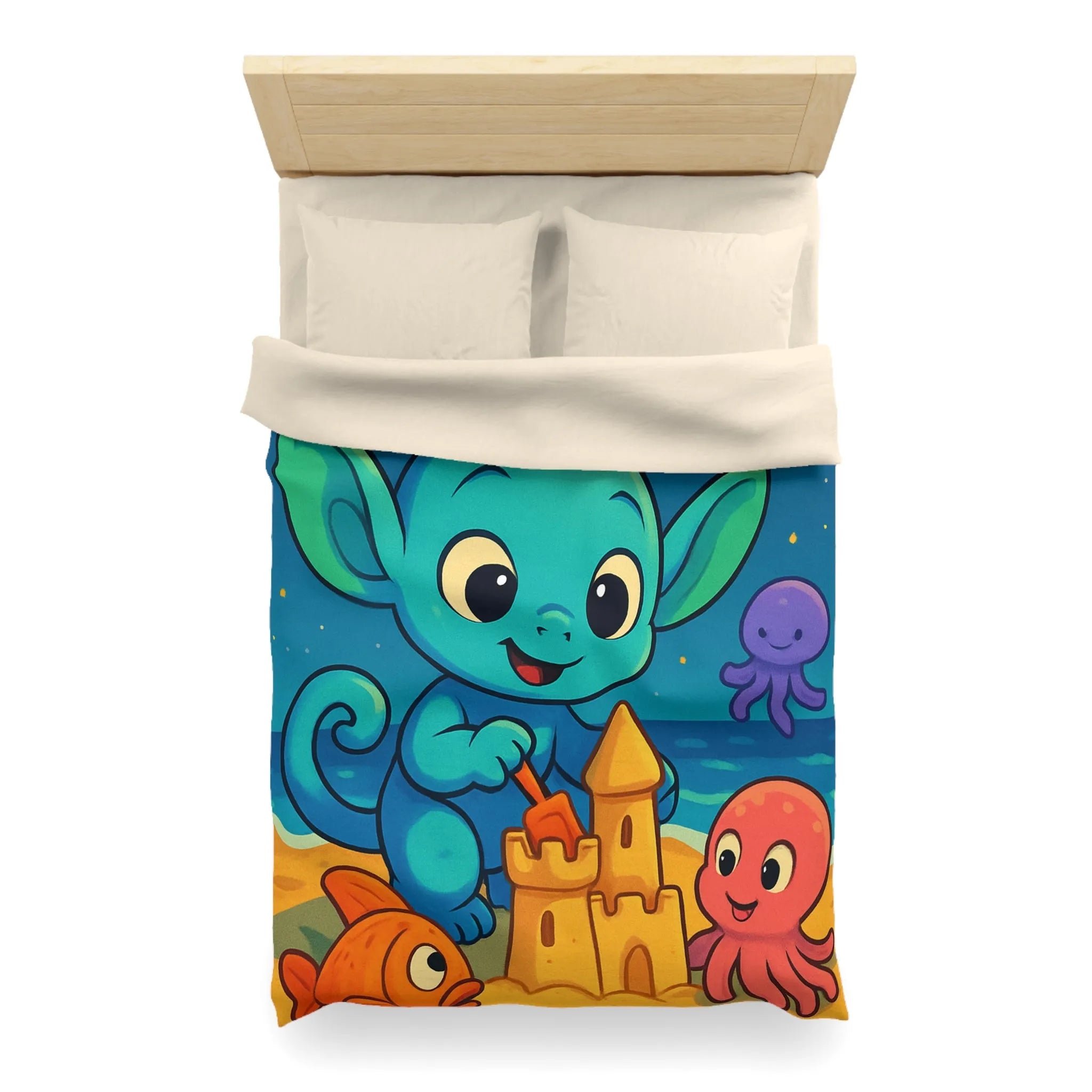 Housse de couette enfant avec créature bleue construisant un château de sable amusant