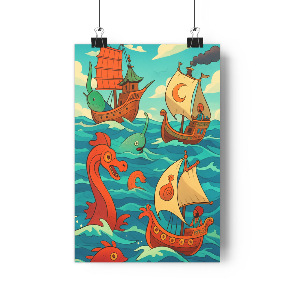 Poster décoratif surréaliste bleu orange salon chambre enfant aventure créatures mer onirique 30x46cm qualité