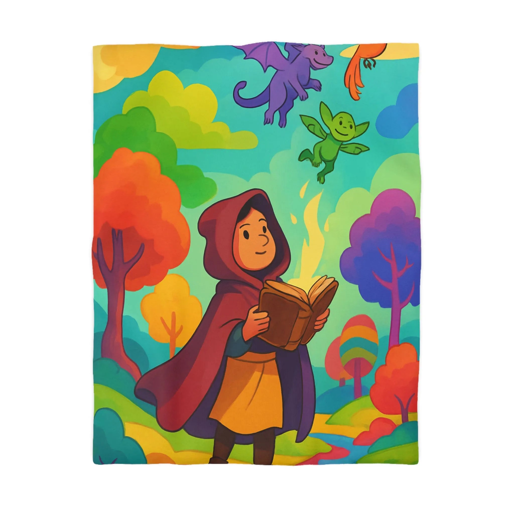 Housse de couette colorée avec scène magique de livre et créatures fantastiques