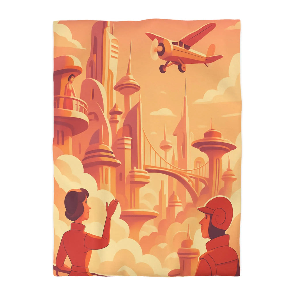 Housse de Couette Art Déco Futuriste avec Avion dans Ciel Orange et Ville Flottante