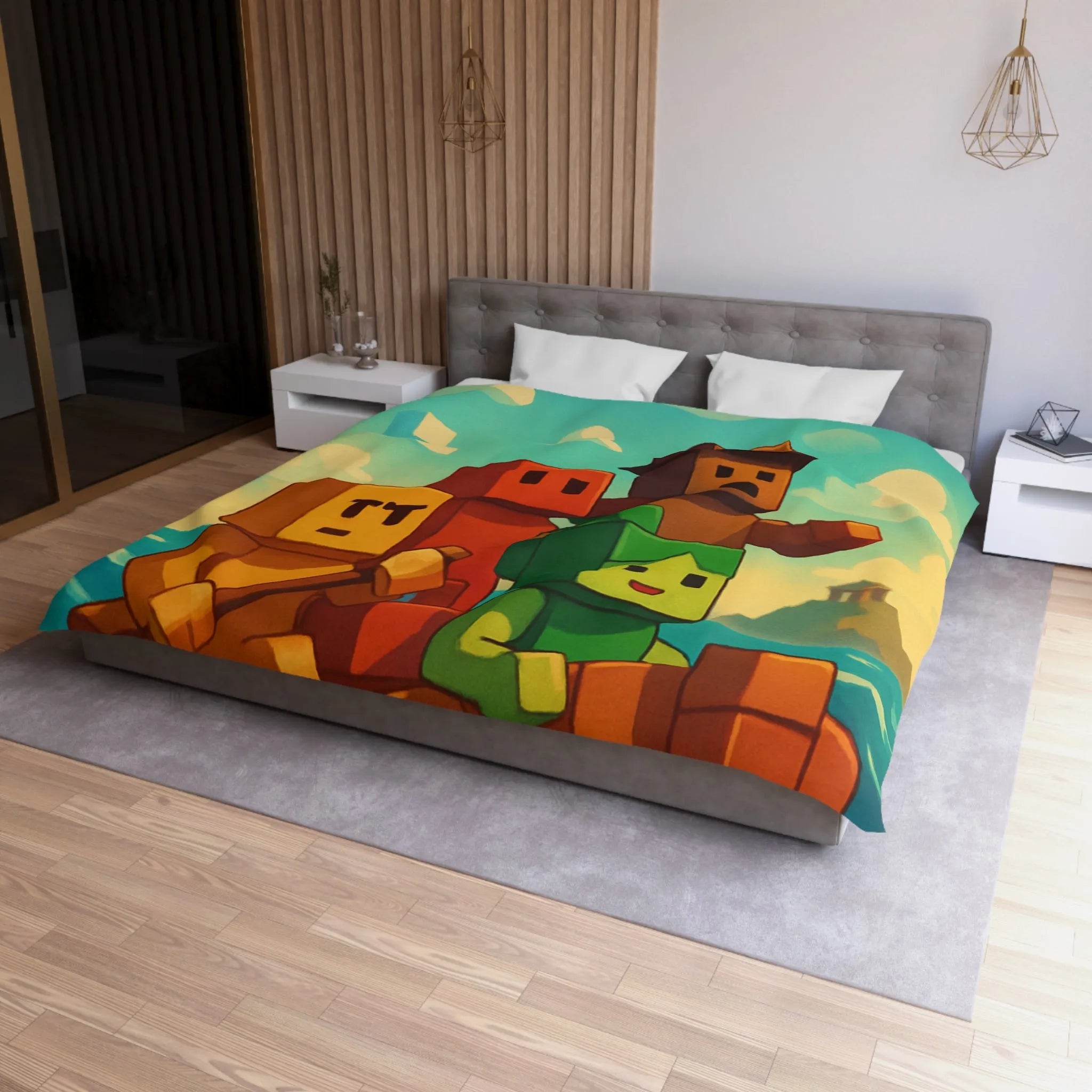 Housse de couette colorée avec personnages pixelisés sur un bateau en mer agité