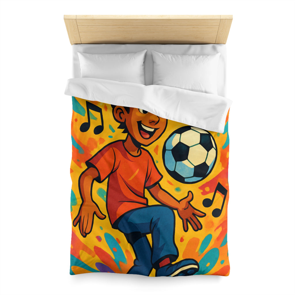 Housse de Couette Sport Jeune Garçon Jouant au Football avec Notes Musicales