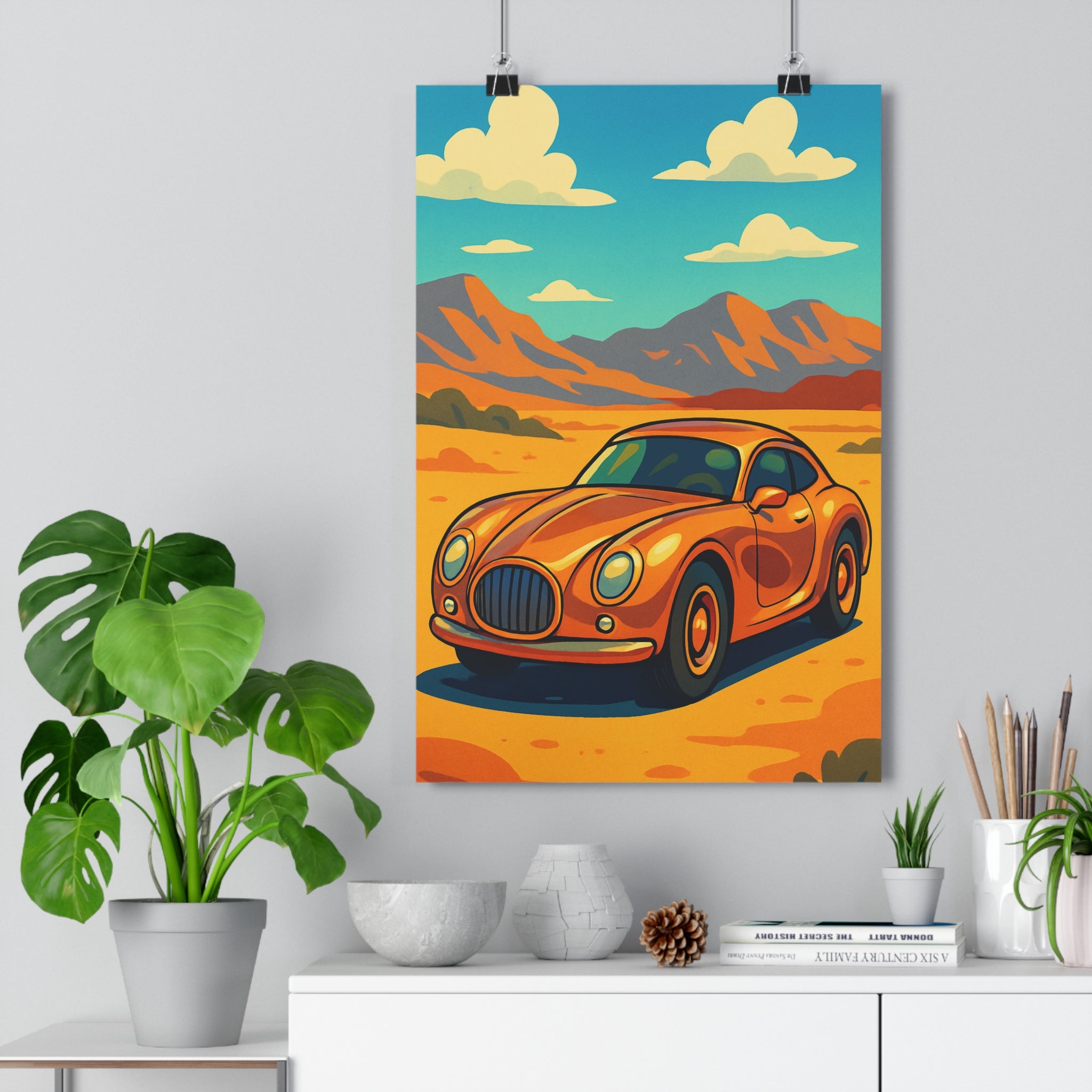 Poster décoratif voiture sportive orange paysage désertique cartoon salon moderne ambiance chaleureuse 30x46 minimaliste