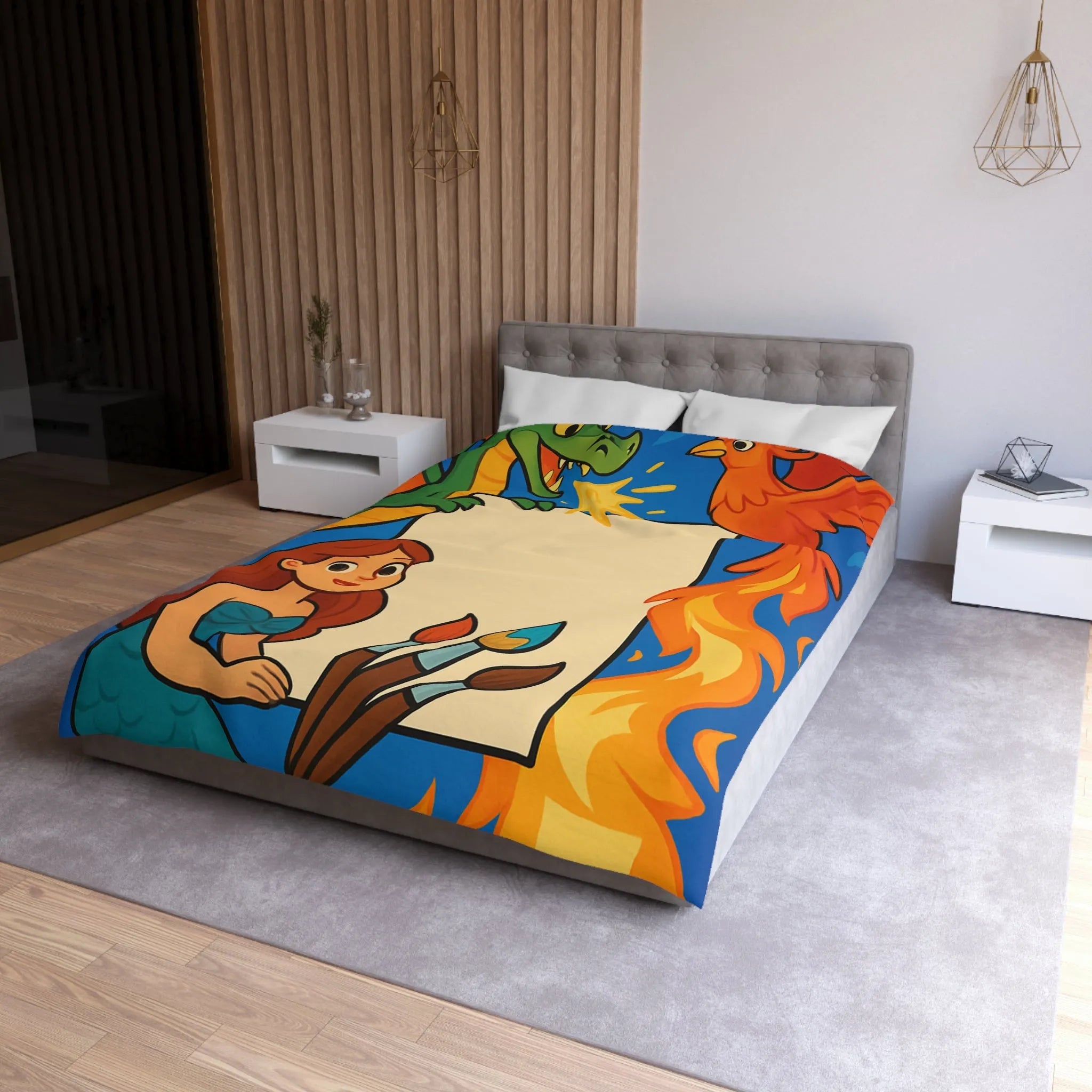 Housse de couette avec dragon, sirène et phénix pour chambre d'enfant artistique