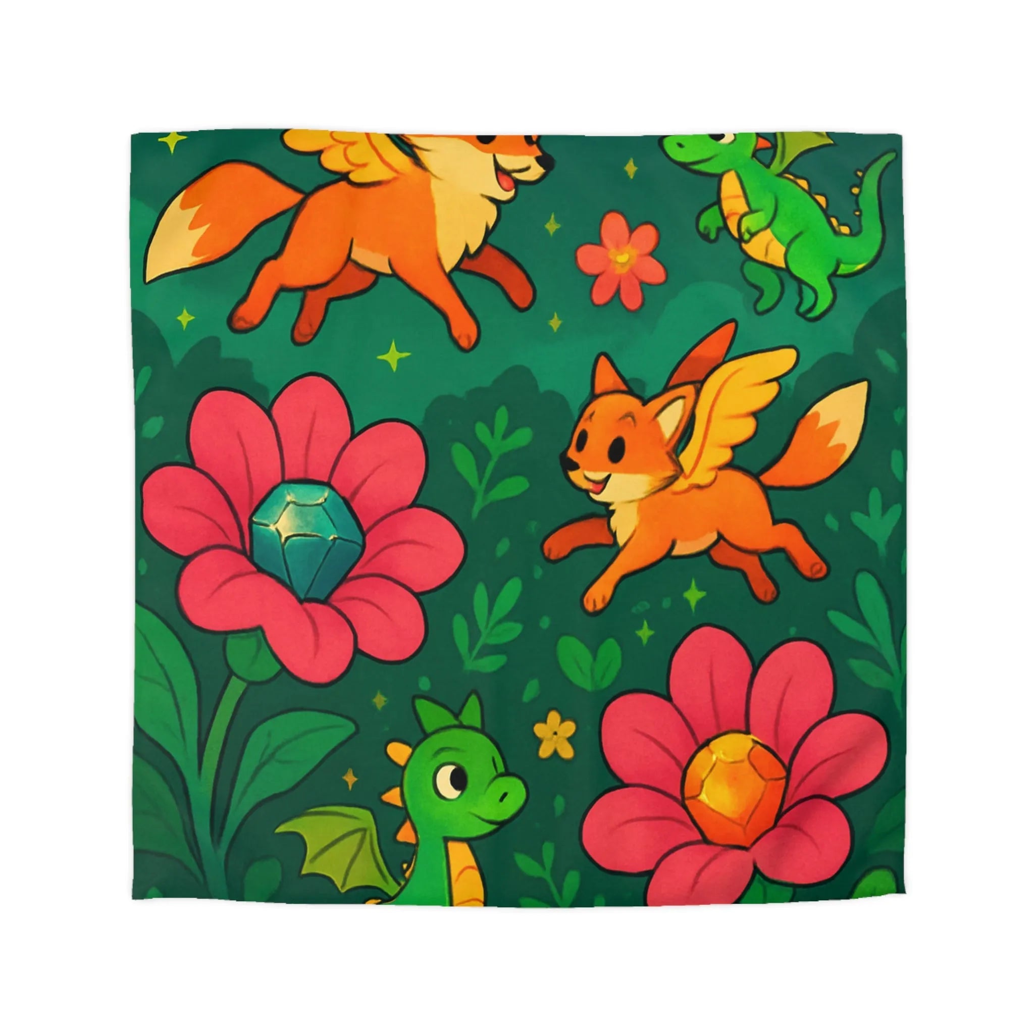 Housse de couette féerique renards ailés et dragons colorés sur fond floral
