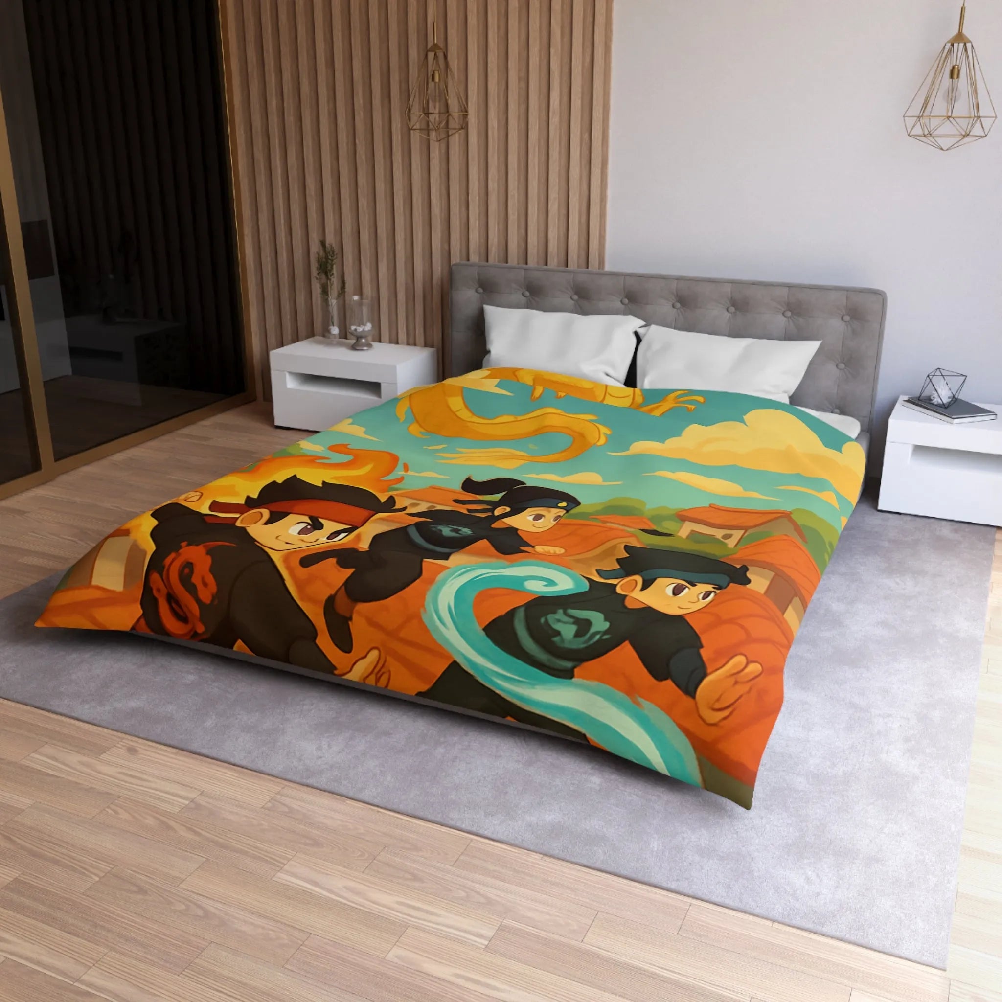 Housse de couette avec ninjas sautant et dragon doré dans un ciel ensoleillé