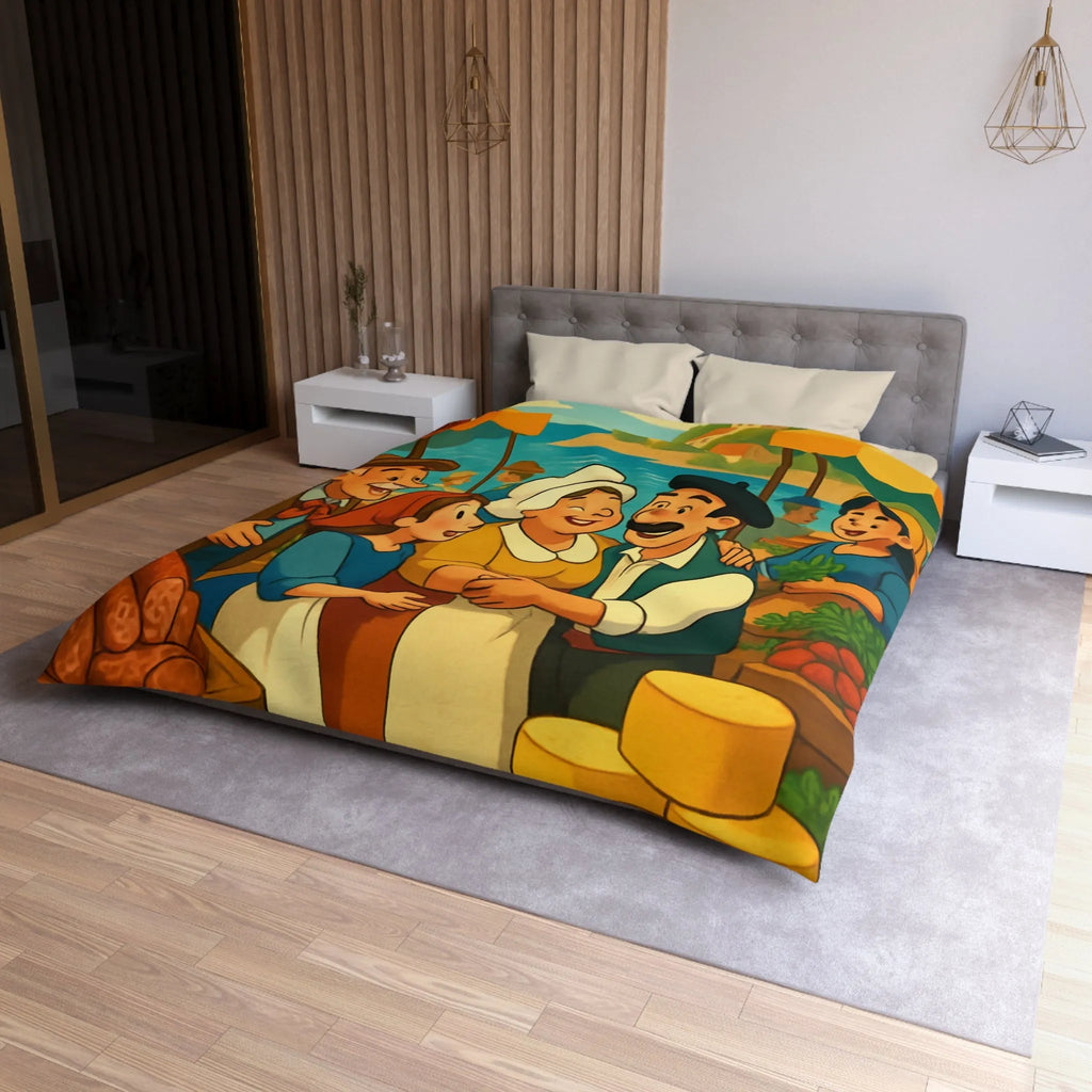 Housse de couette ambiance marché méditerranéen avec village en bord de mer