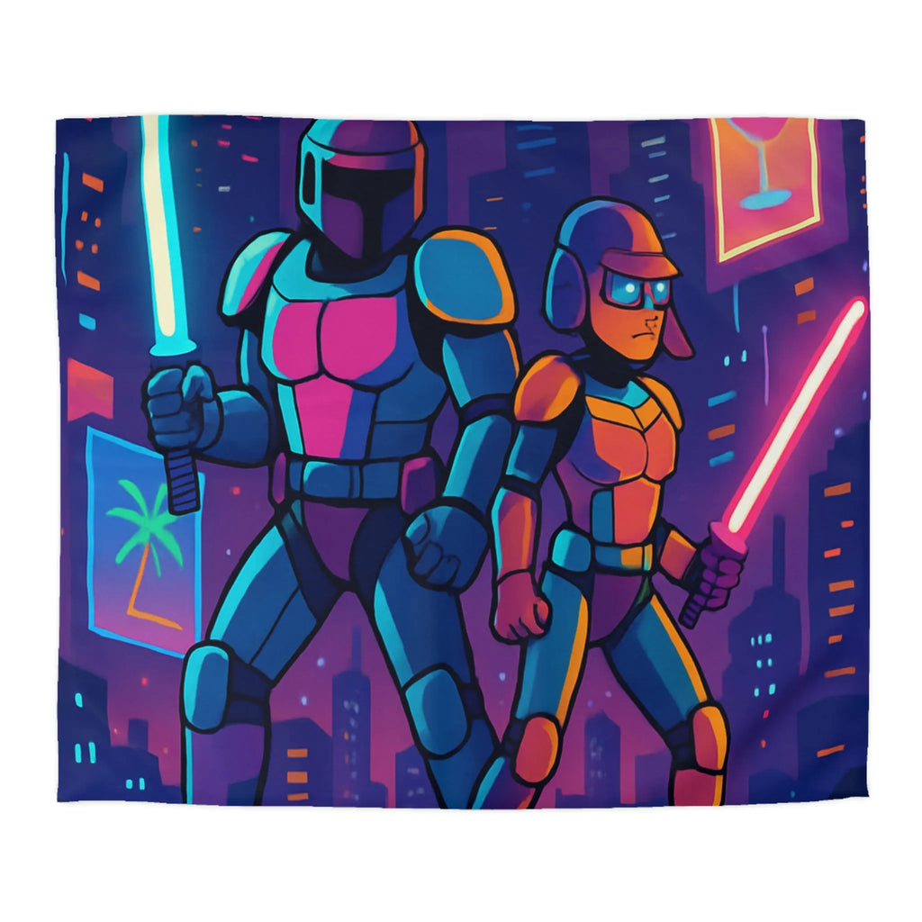 Épique housse de couette futuriste avec guerriers néon et skyline de science-fiction