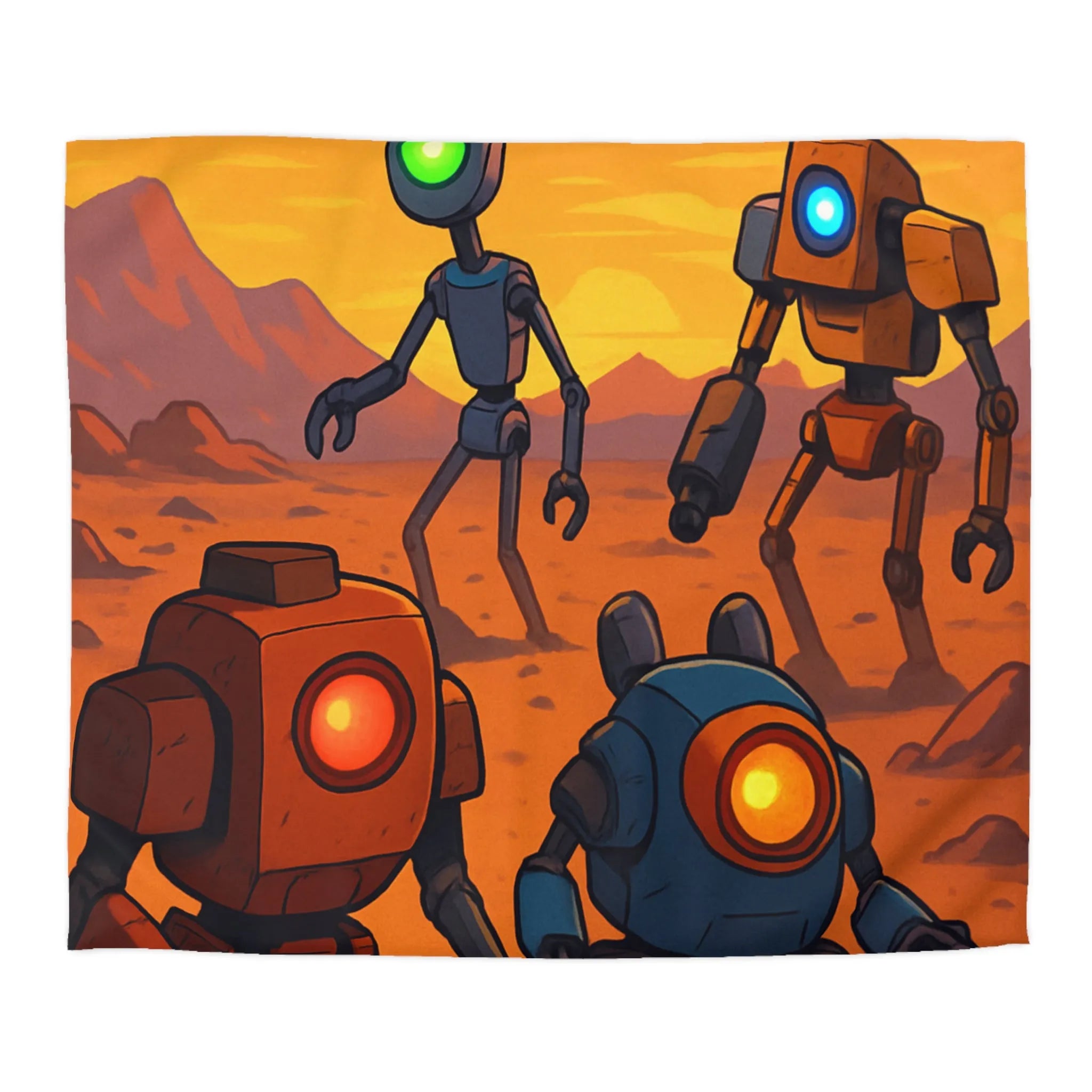 Housse de couette avec robots colorés dans un paysage désertique au coucher du soleil