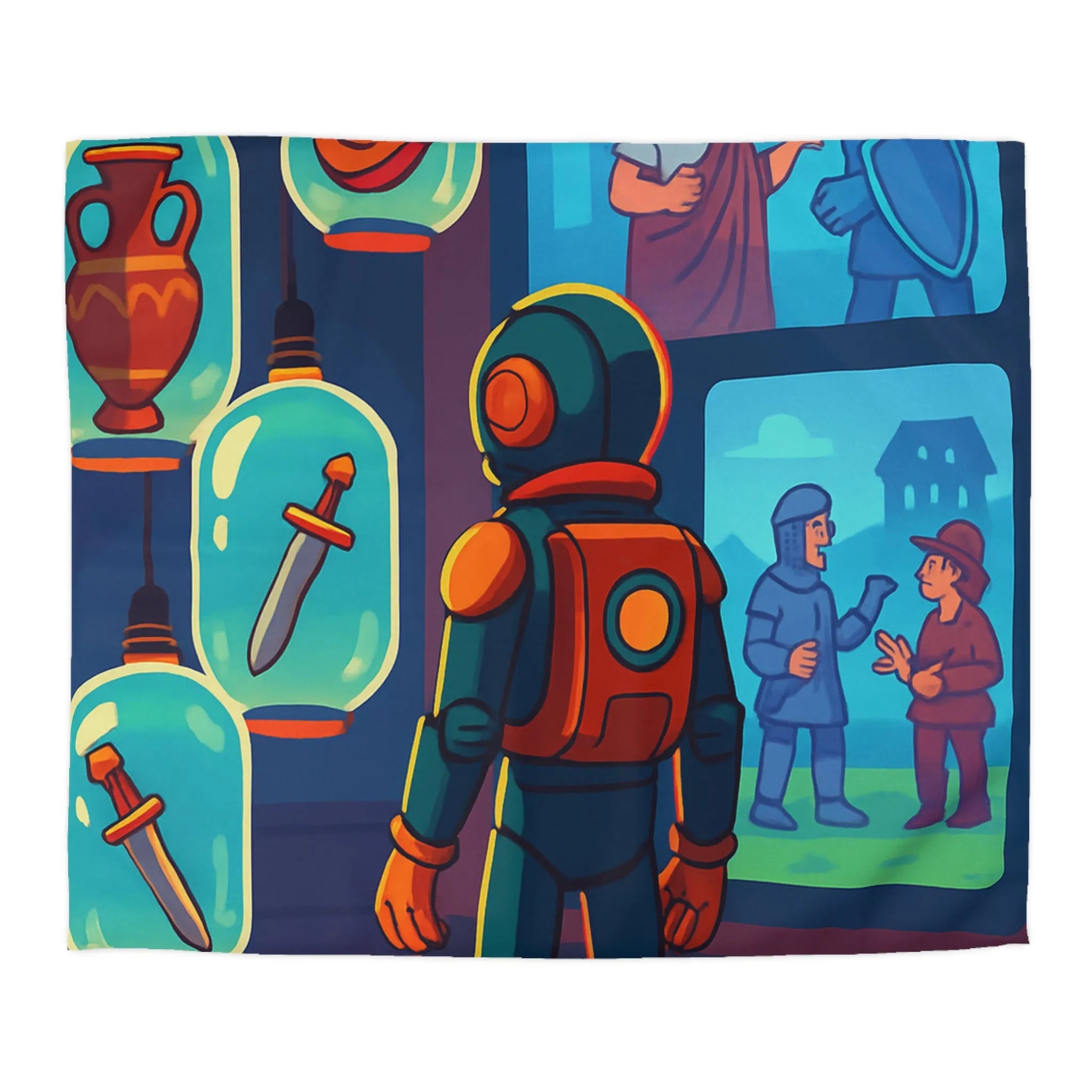 Décoration Housse de Couette Inspiration Rétro-Futuriste avec Motifs Gladiateurs et Exploration Spatiale