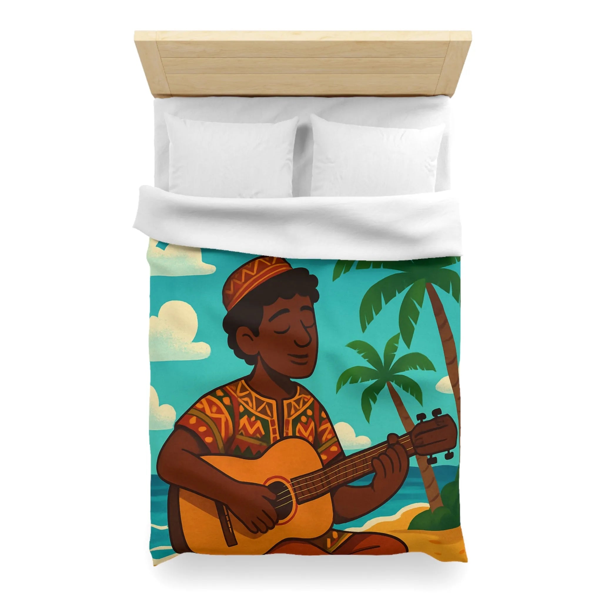 Housse de couette illustrée avec musicien joyeux sous les palmiers en bord de mer
