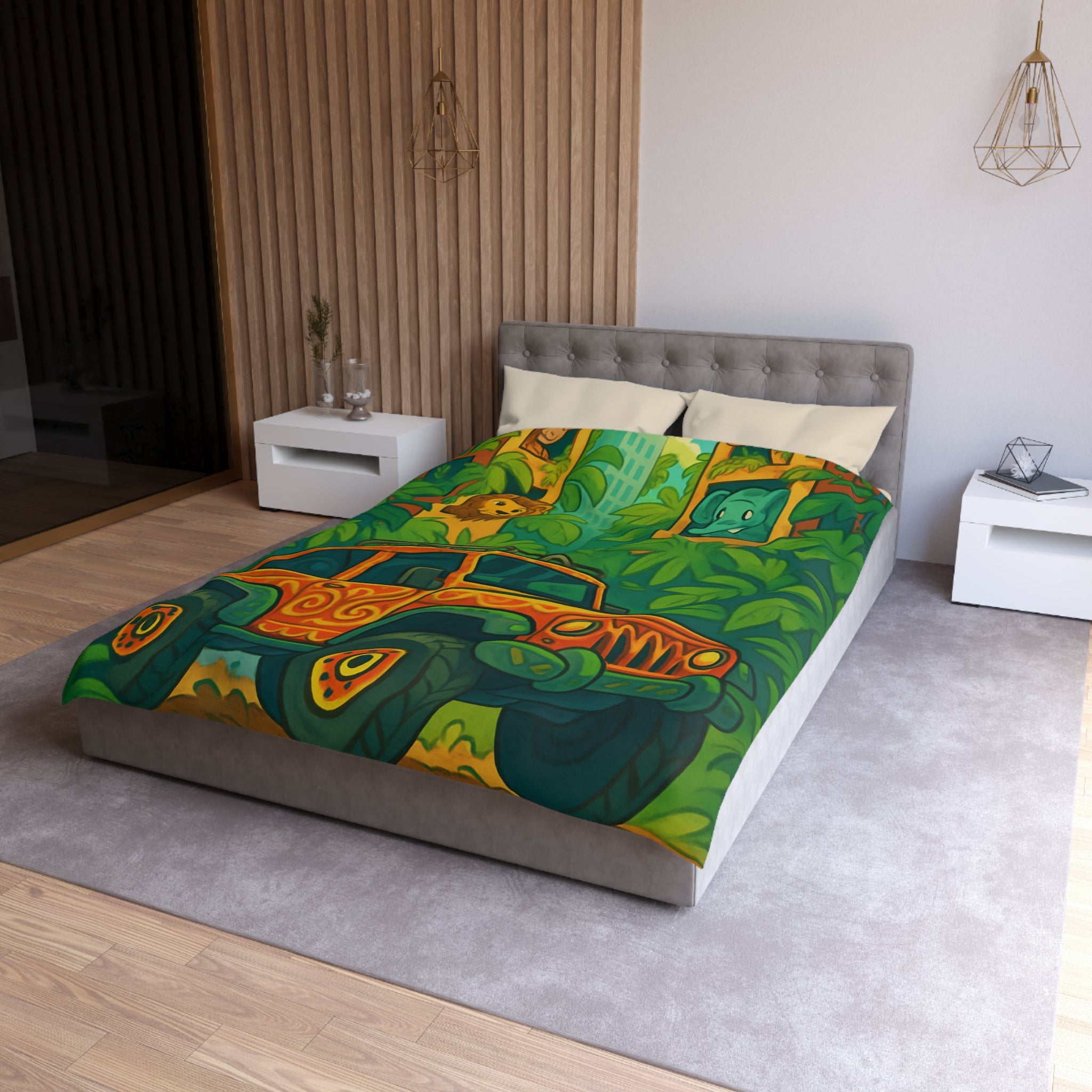 Housse de couette vibrante jungle aventure avec animaux et véhicule tout-terrain colorés