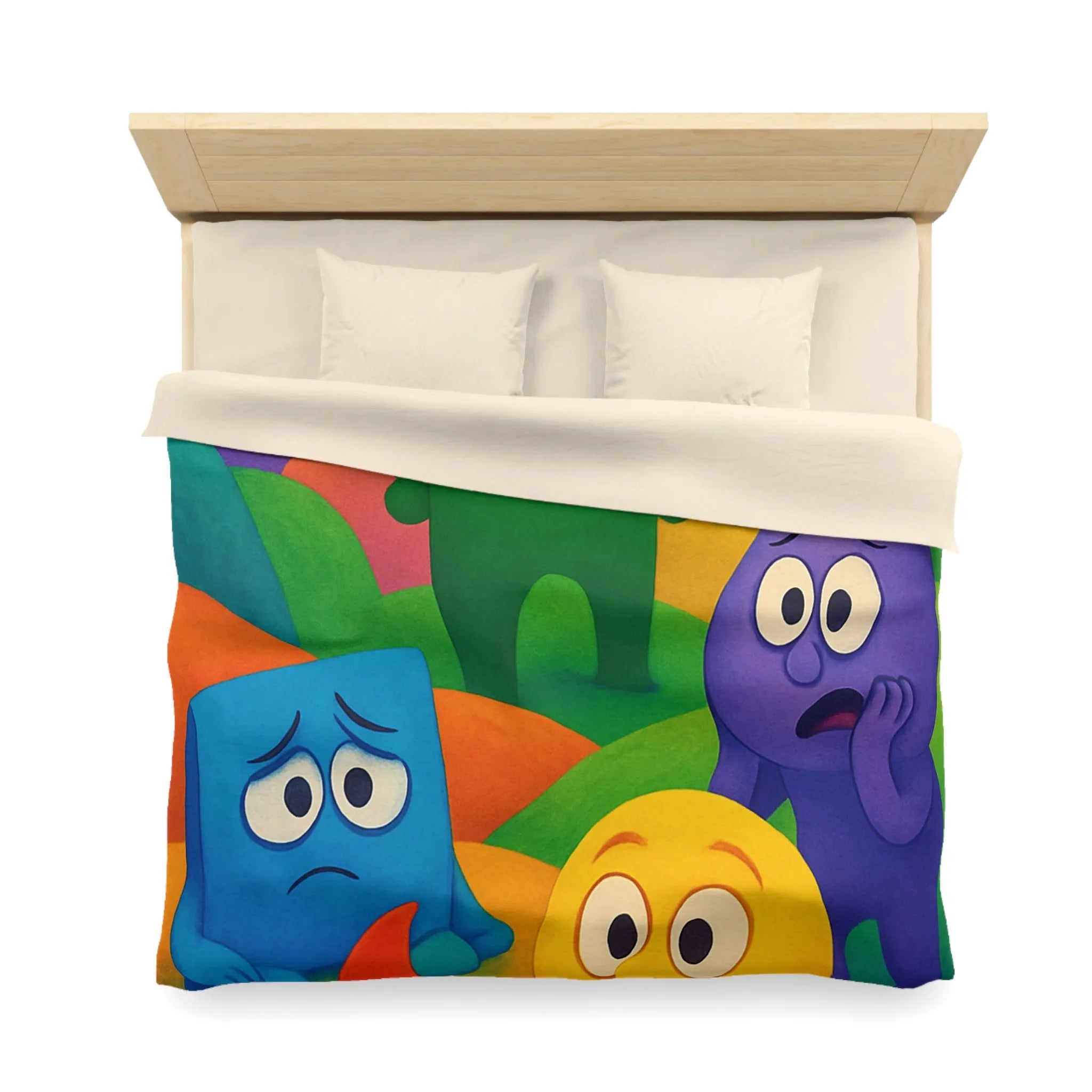 Housse de couette colorée avec personnages expressifs sur fond de collines arc-en-ciel