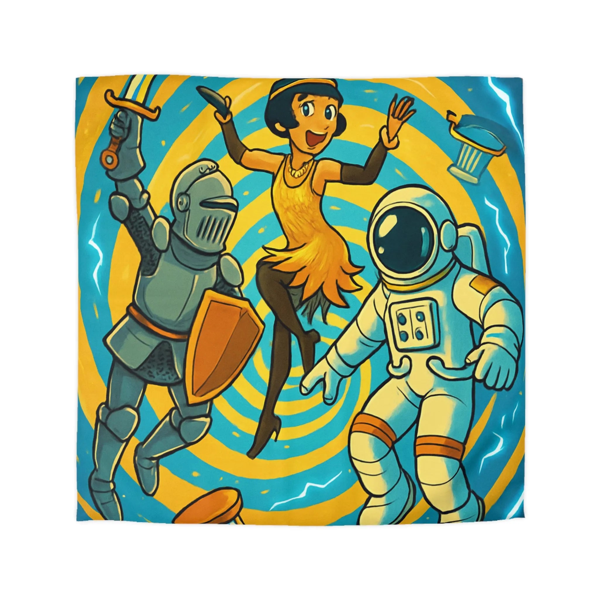 Housse de couette colorée avec chevalier, astronaute et danseuse dans vortex temporel