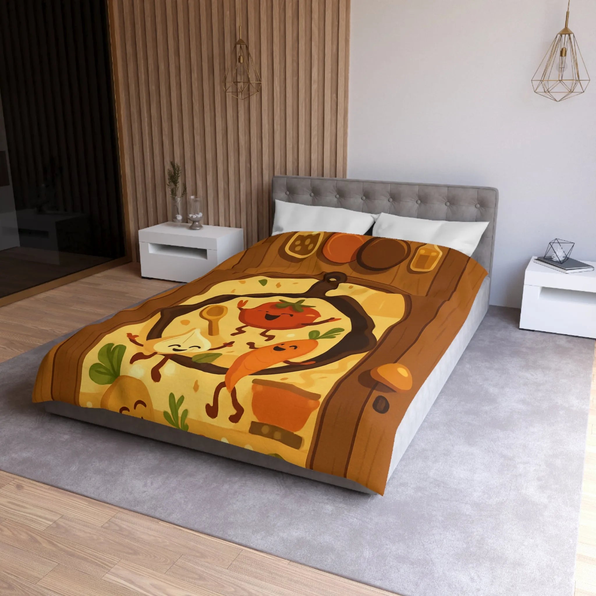 Housse de couette joyeuse avec légumes dans une poêle ambiance cuisine chaleureuse